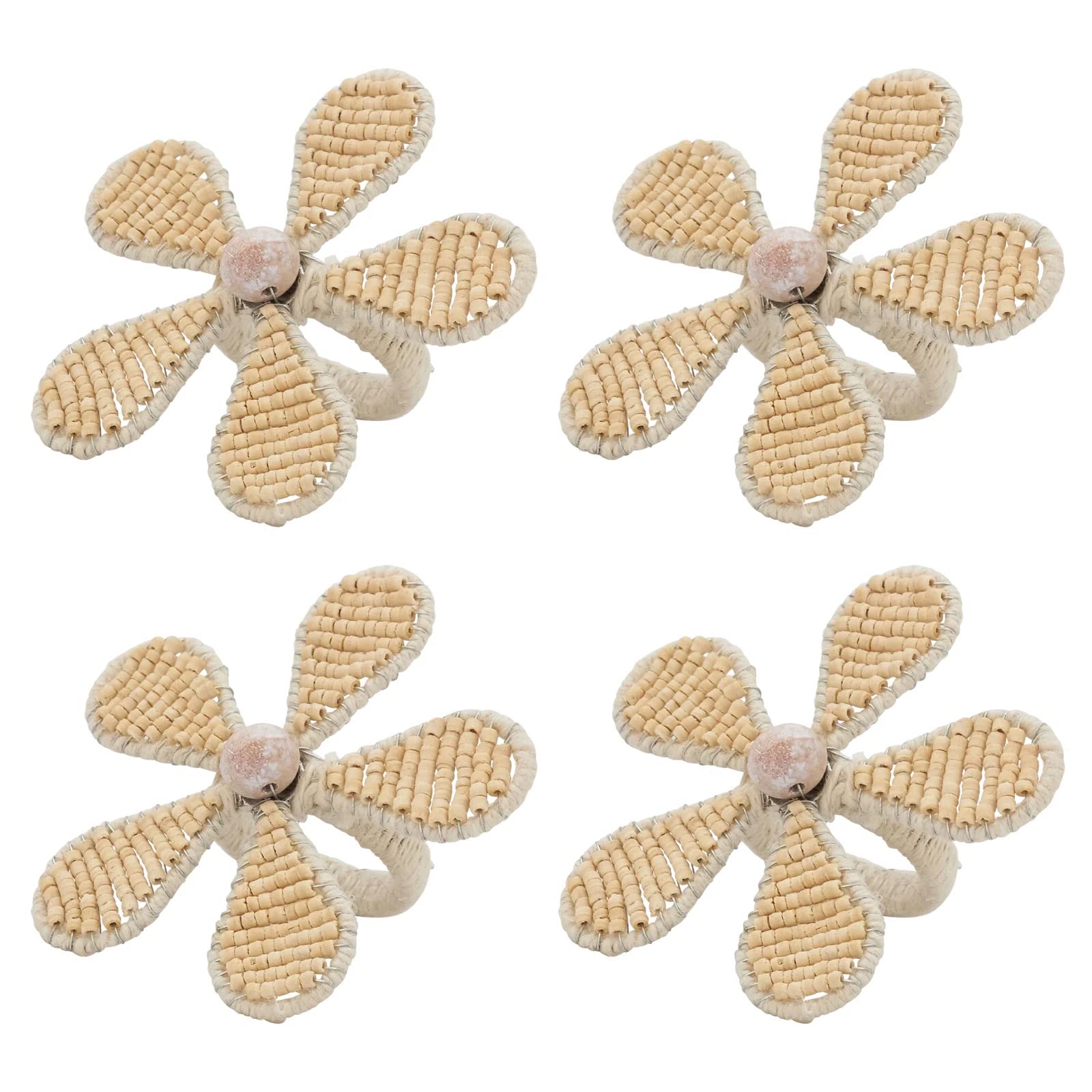 Fennco Styles Hand Beaded Flower Decorative Napkin Rings, Set of 4 - Natural Wooden Beads Napkin Holders for Home, Dining Room, Banquet, Family Gathering, Holiday Décor and Special Occasion