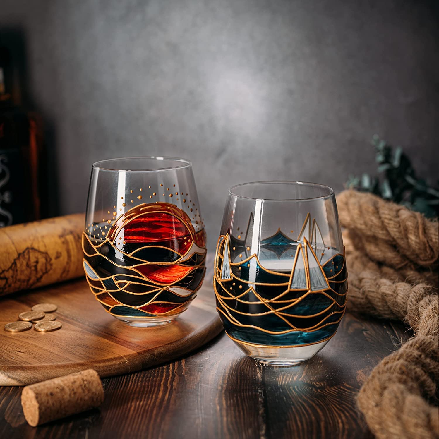 Artisanal Hand Painted Stemless Sailboat With Sunrise Set Of 2 Wine Glasses 2 Set Of