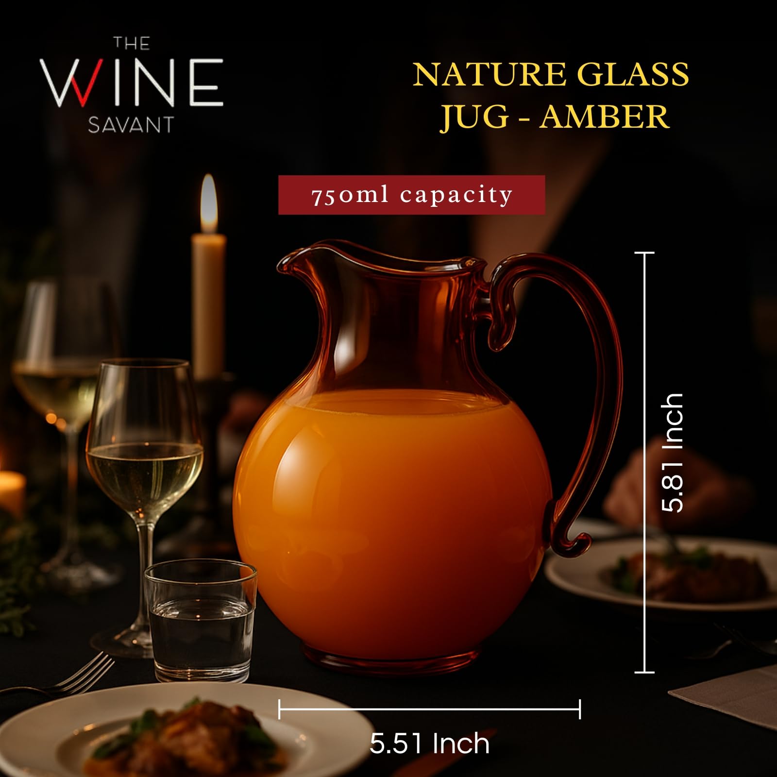 talian Design Amber Glass Jug Mouth-Blown Venetian Pitcher 750ml Handmade Murano