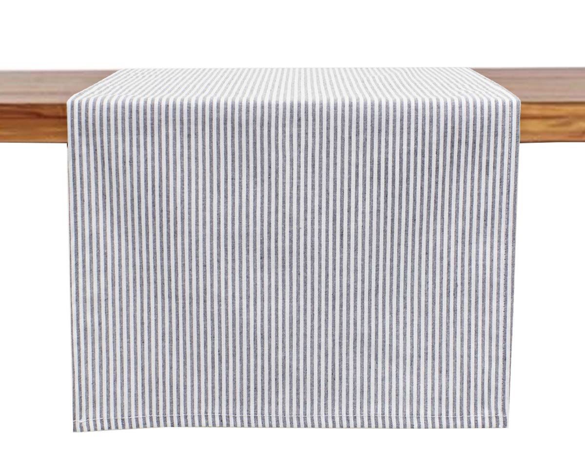Fennco Styles Simple Ticking Stripes Reversible Pure Cotton Table Runner - Grey Double Layers Table Cover for Everyday Use, Banquets, Family Gathering, Special Events and Home Décor