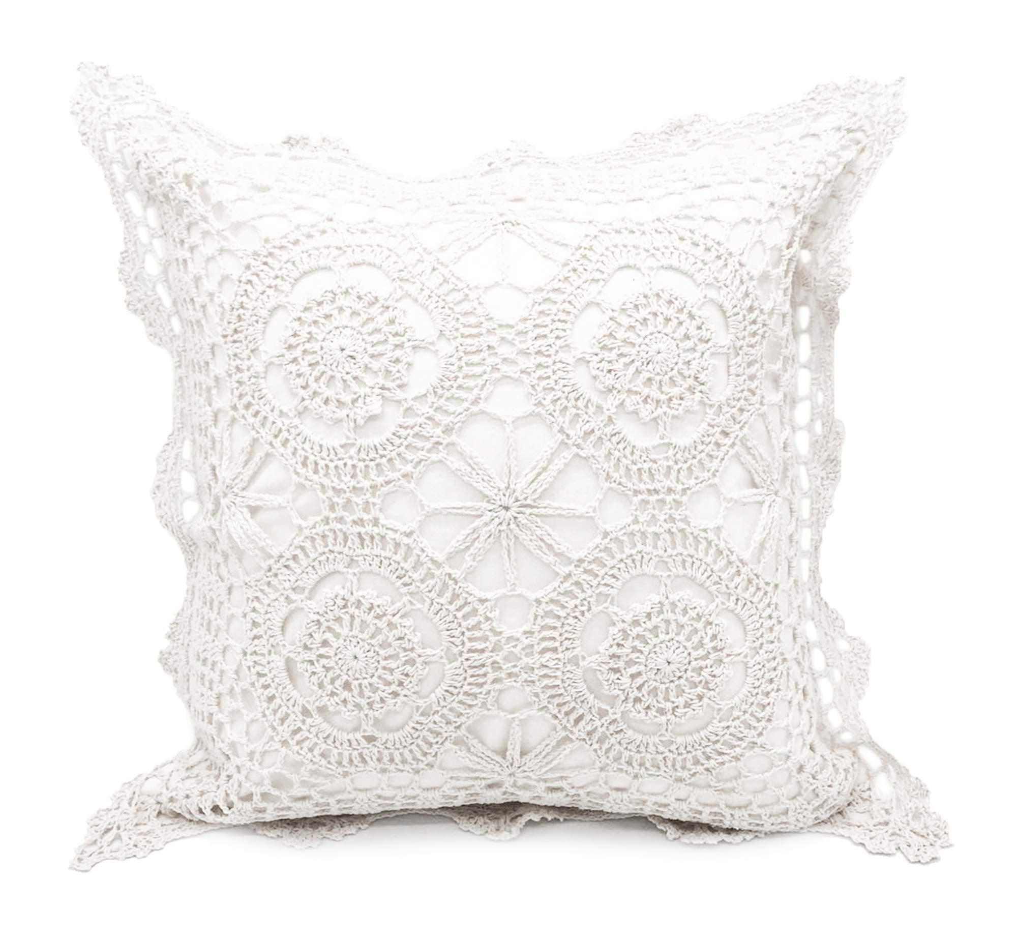 Fennco Styles Handmade Crochet Lace Cotton Decorative Throw Pillow Cover - White Cushion Case for Home, Couch, Living Room, Bedroom and Office Décor