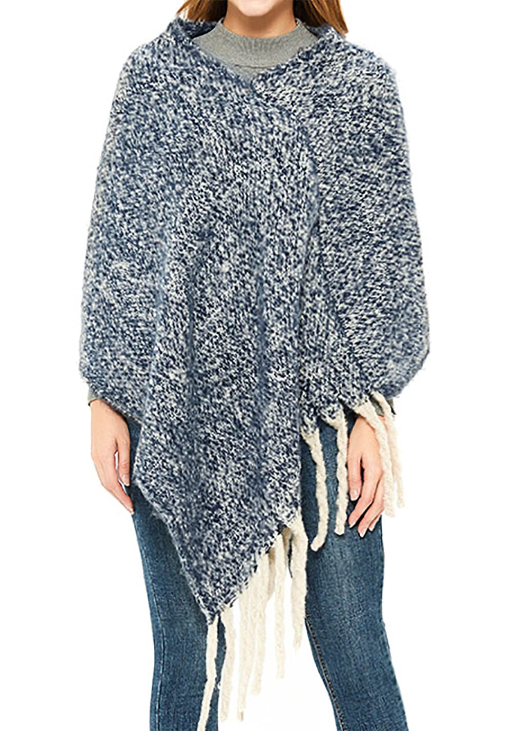 stylesilove Autumn Winter Women Solid Knitted V-Neck Pullover Fringe Poncho Sweater Lightweight Cape Cozy Wrap Tassel Shawl