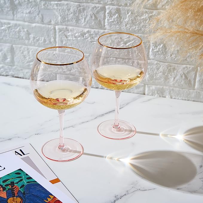 Colored Blush Pink Gilded Rim Wine Glassware Large 23OZ Cocktail Champagne Glasses 2 Set Vibrant Col
