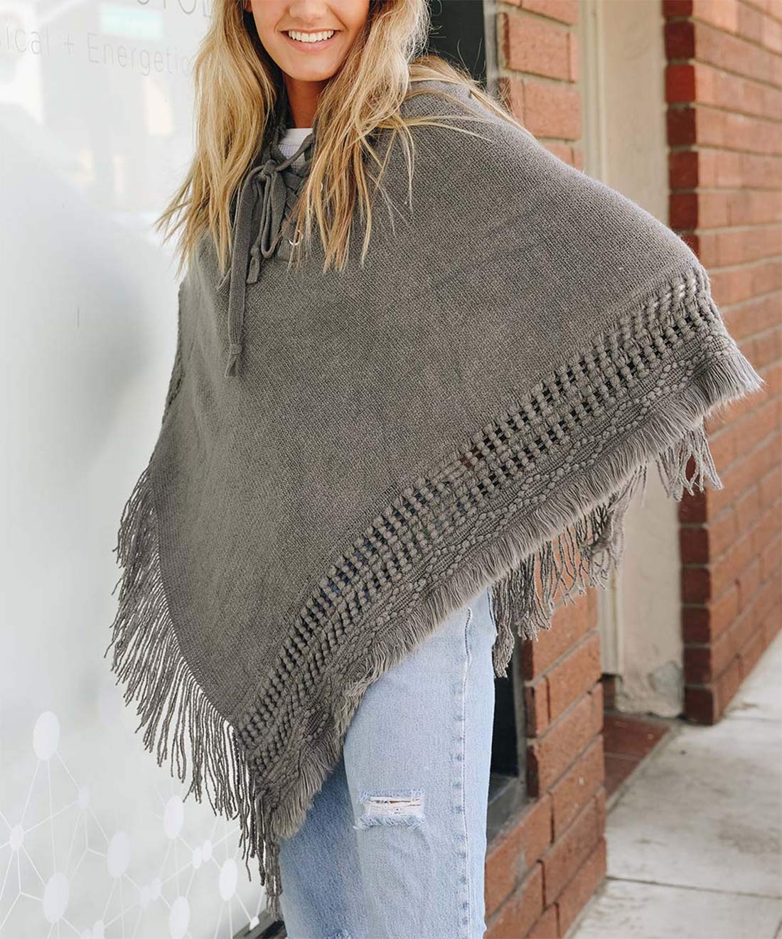 Styles I Love Women Fringed Lace Up Hooded Poncho Pullover Cardigan Soft Wrap for Winter Season