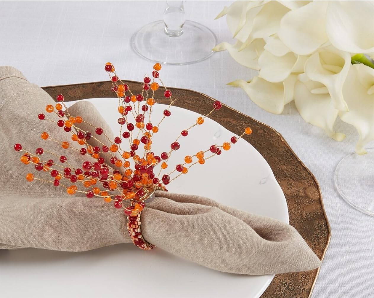 Fennco Styles Beaded Spray Design Napkin Rings, Set of 4 - Orange Napkin Holders for Home, Dining Table Decor, Banquets, Family Gathering and Special Occasion