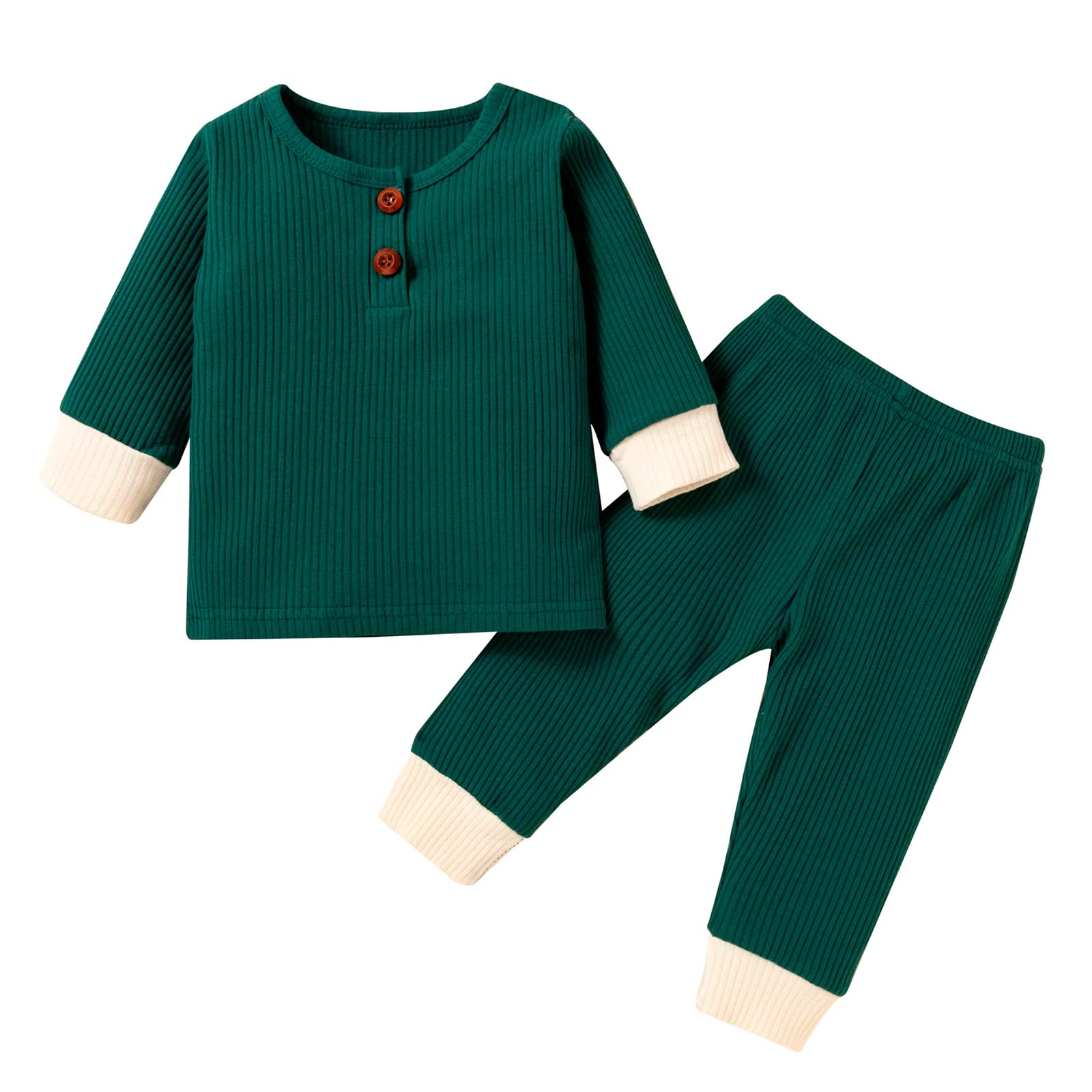 stylesilove Baby Boys Girls Solid Long Sleeve Henley Top & Pants 2pcs Set Unisex Toddler Ribbed Cotton Outfit