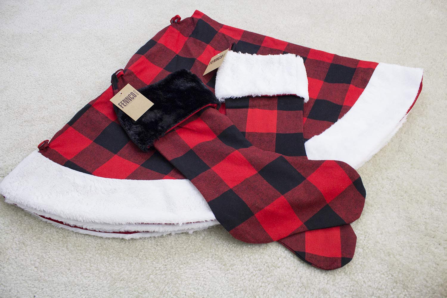 Fennco Styles Red and Black Buffalo Plaid with Black Faux Fur Design Christmas Stocking 13" W x 19" L - Festive Hanging Stocking for Home, Christmas Tree, Fireplace, Office and School Décor