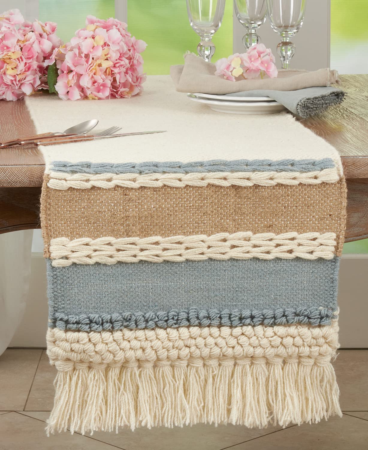 Textured Boho 100% Wool Decorative Table Runner 16" W x 72" L - Blue Woven Bohemian Table Cover for Home Décor, Dining Table, Banquets and Special Occasion