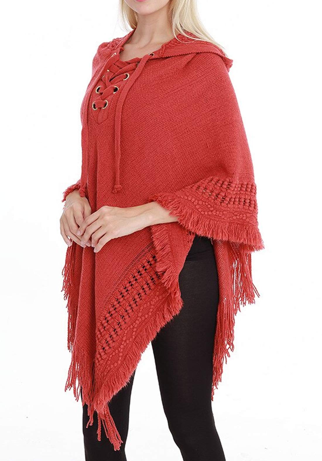 Styles I Love Women Fringed Lace Up Hooded Poncho Pullover Cardigan Soft Wrap for Winter Season