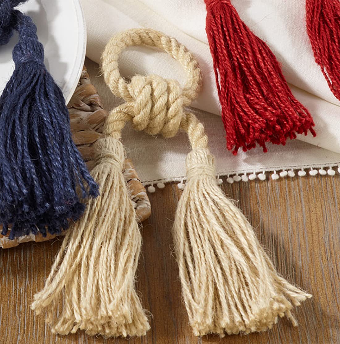 Fennco Styles Chic and Fun Jute Tassel Decorative Napkin Rings, Set of 4 - Navy Blue Handmade Napkin Holders for Dining Table, Home, Banquets, Holidays, Family Gatherings and Special Events