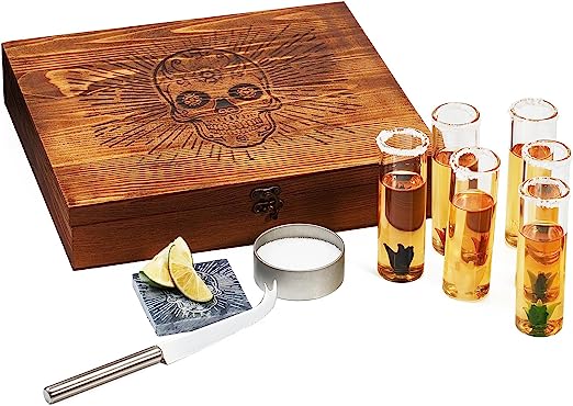 Tequila Shot Glass Salt Gift Set For Men Women Six Agave Shot Glasses Knife For Limes One Skull Coas