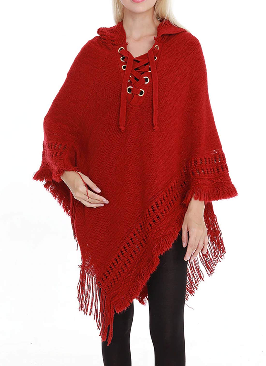 Styles I Love Women Fringed Lace Up Hooded Poncho Pullover Cardigan Soft Wrap for Winter Season