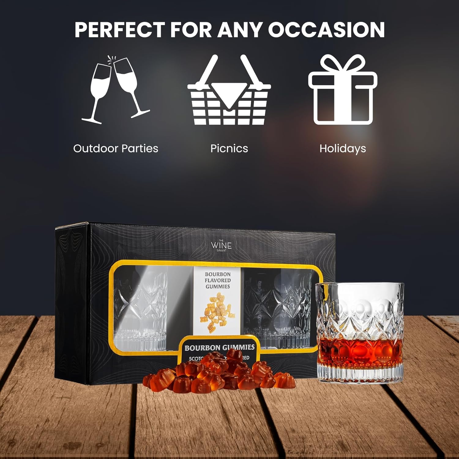 Bourbon Gummy Gift Set Two Whiskey Glasses Includes Bourbon Flavored Candy Bears 2 Crystal Lowball G