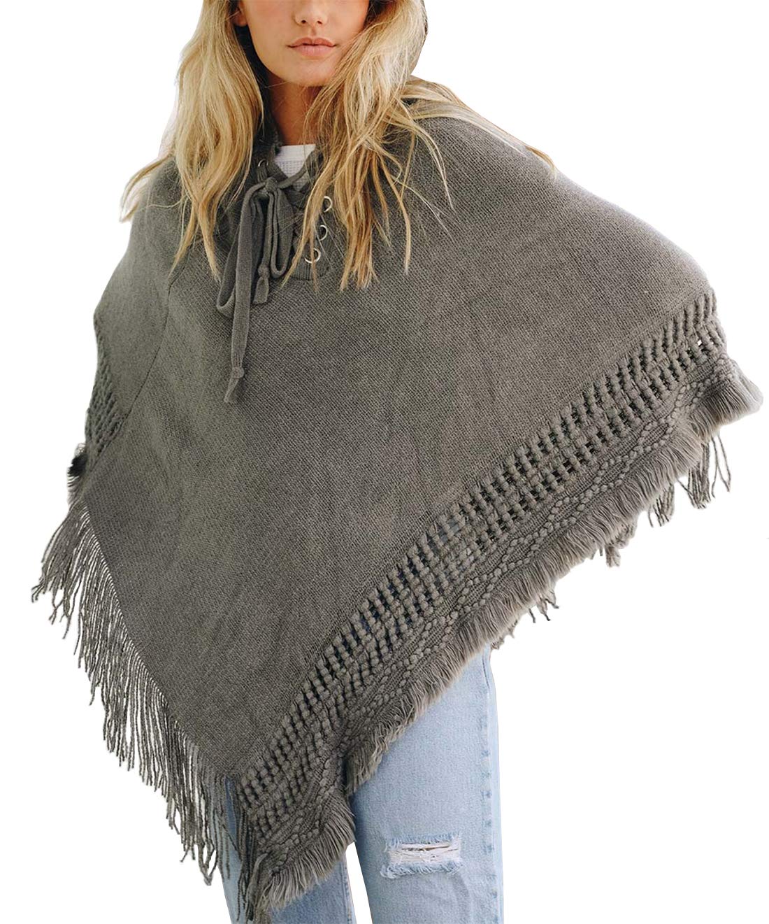 Styles I Love Women Fringed Lace Up Hooded Poncho Pullover Cardigan Soft Wrap for Winter Season