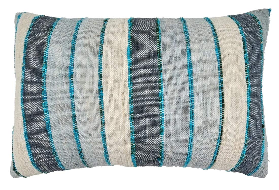 Woven Chindi Striped Fringe 100% Cotton Decorative Throw Pillow Cover 16 x 24 Inch - Blue Throw Pillow Case for Home, Couch, Living Room and Bedroom Décor