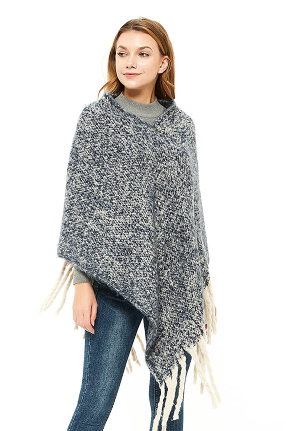 stylesilove Autumn Winter Women Solid Knitted V-Neck Pullover Fringe Poncho Sweater Lightweight Cape Cozy Wrap Tassel Shawl