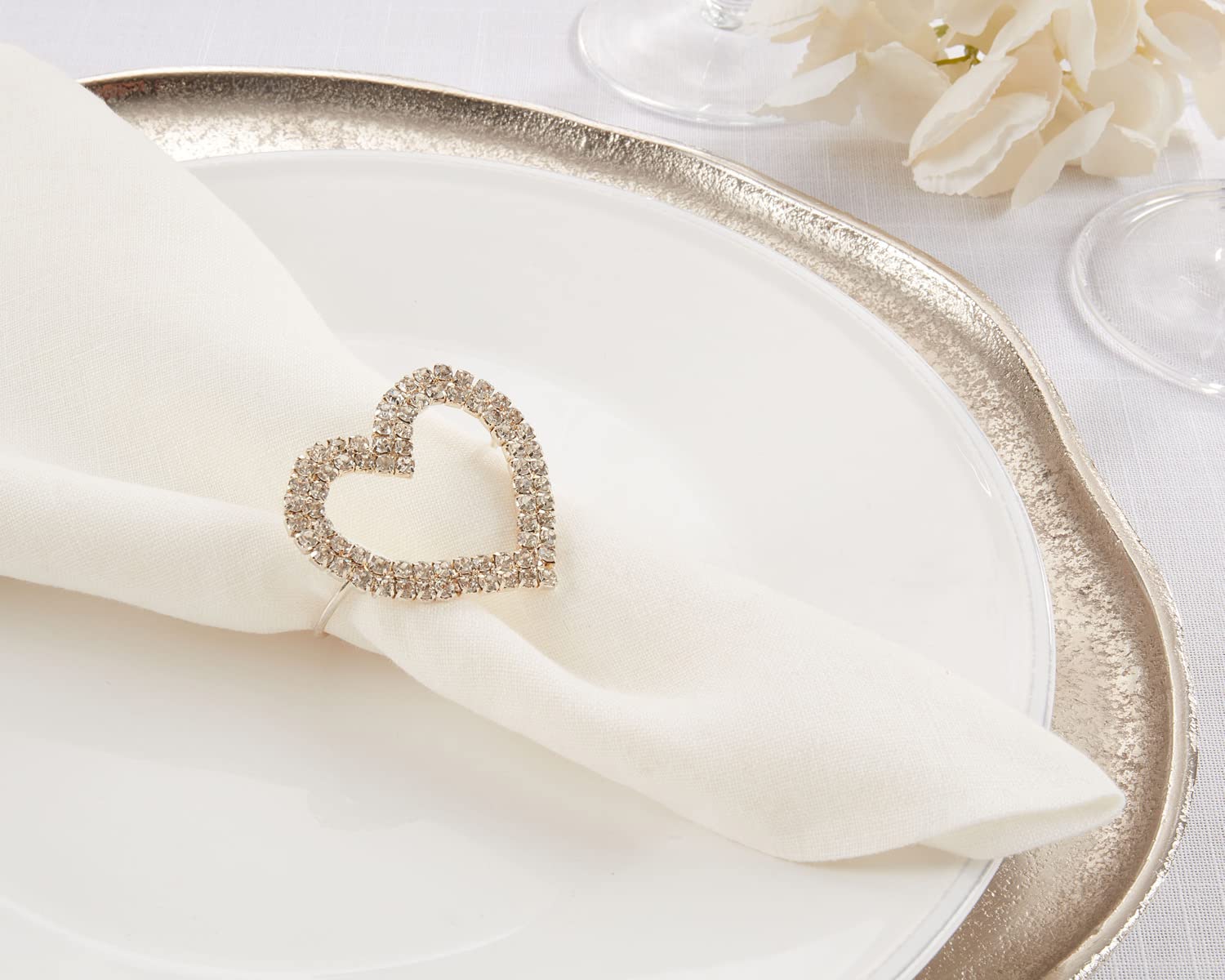 Fennco Styles Elegant Jeweled Heart Napkin Rings, Set of 4 - Silver Decorative Napkin Holder for Dining Table Décor, Holidays, Weddings, Banquets, Family Gatherings and Special Occasions