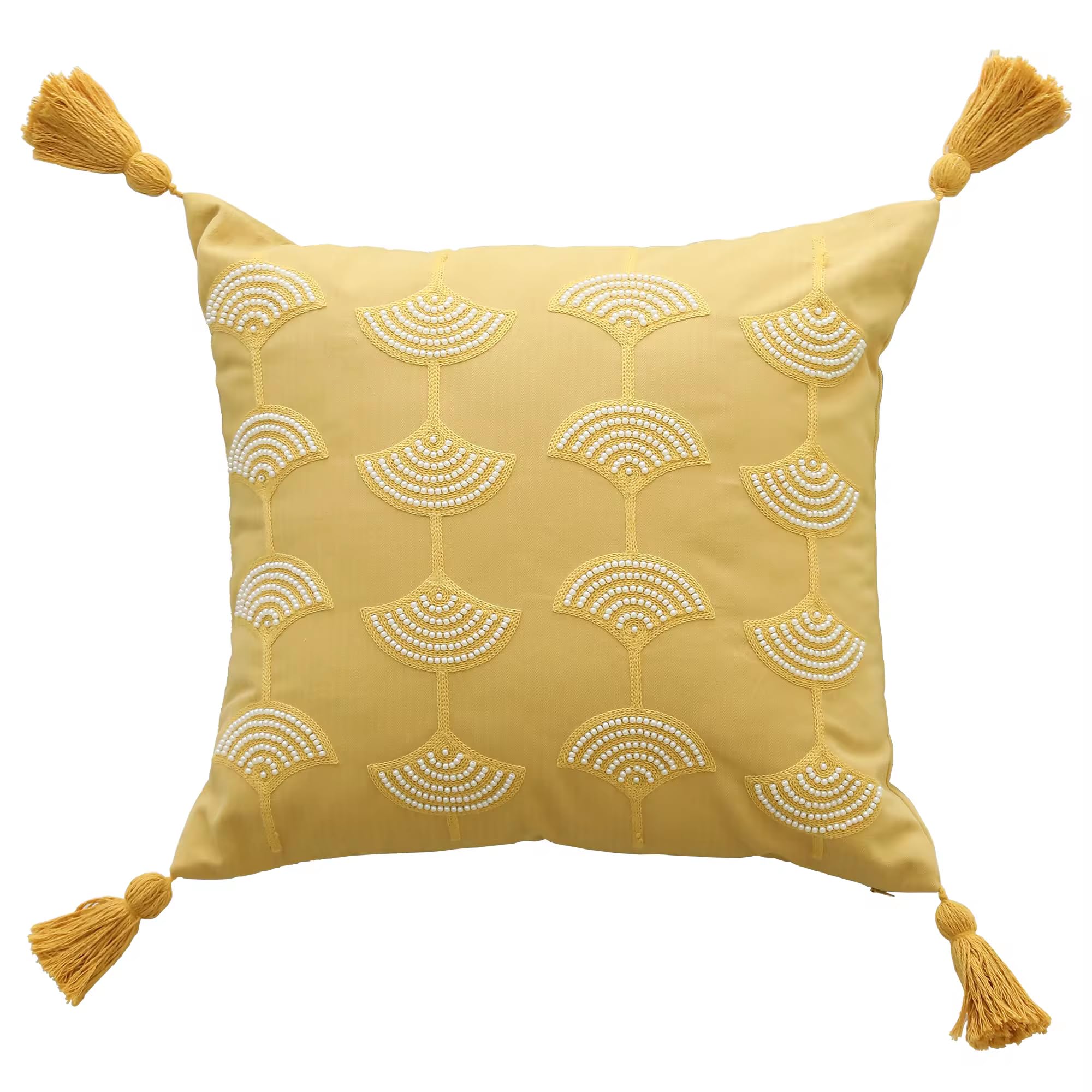 Fennco Styles Hand Beaded Embroidery Ginkgo Leaf Throw Pillow Cover with Tassel 18" W x 18" L - Green Leaves Cotton Cushion Case for Home, Couch, Living Room, Bedroom and Office Décor
