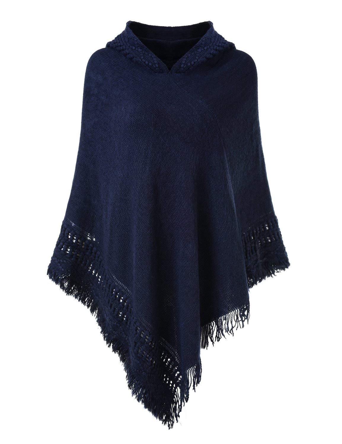 stylesilove Women Solid Knitted Hooded Poncho Crochet Pattern with Fringe Pullover Cardigan Soft Wrap for Fall Winter Seasons