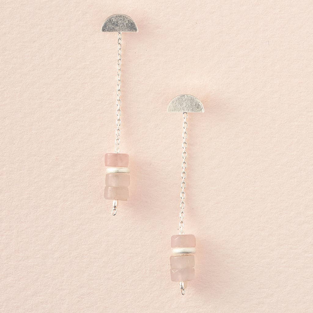 Stone Meteor Thread/Jacket Earring - Rose Quartz/Silver