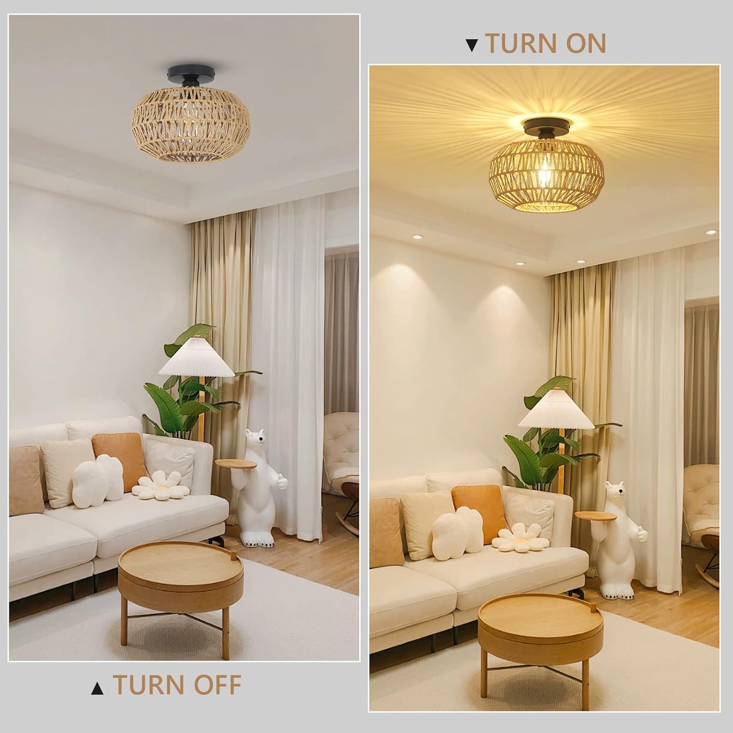 Rattan Light Fixtures Ceiling Mount,Boho Ceiling Light Fixture with Dimmable LED Bulb Mini Hand Woven Rattan