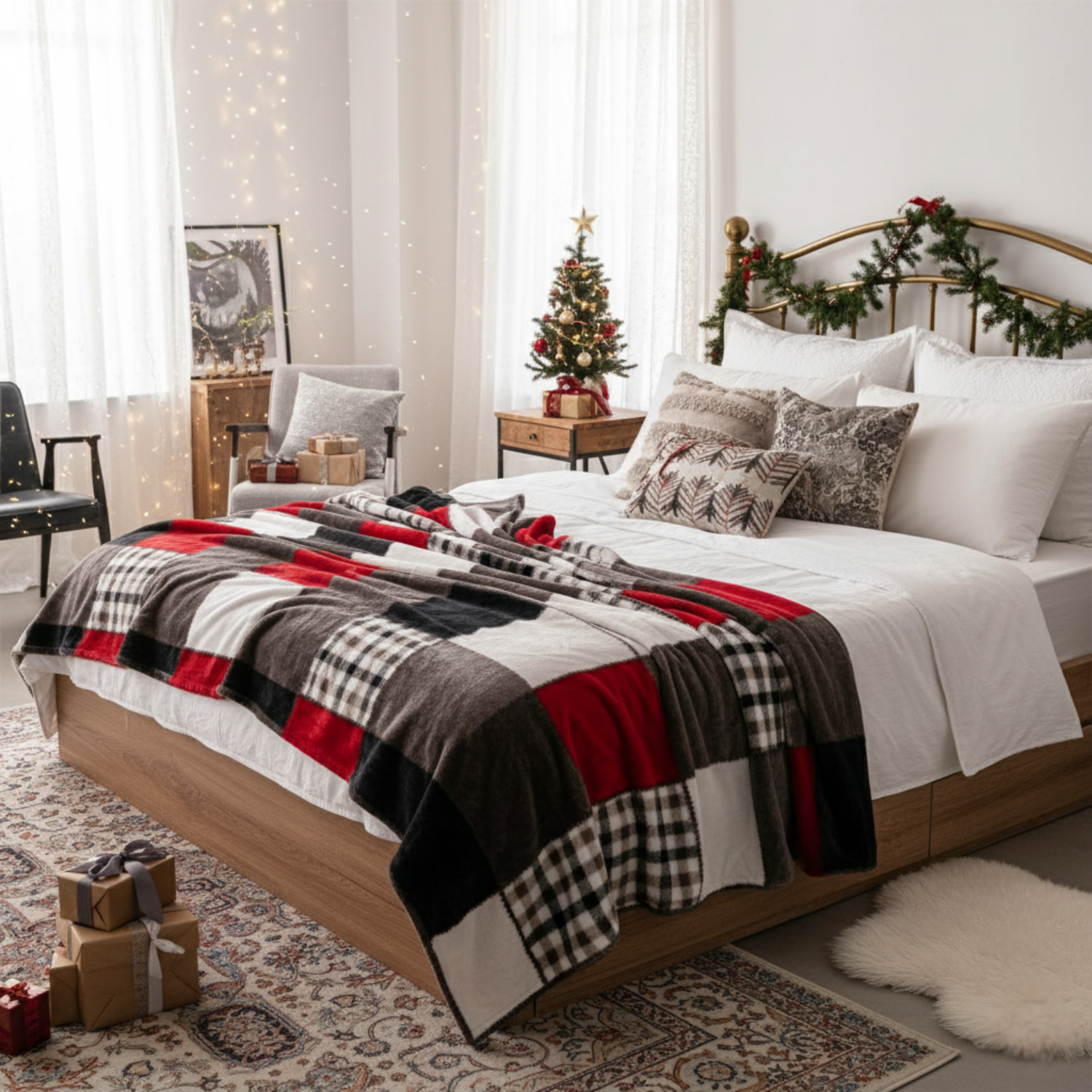 Tache Brown Red Sunset Maple Farmhouse Plaid Patchwork Throw Blanket (4025)