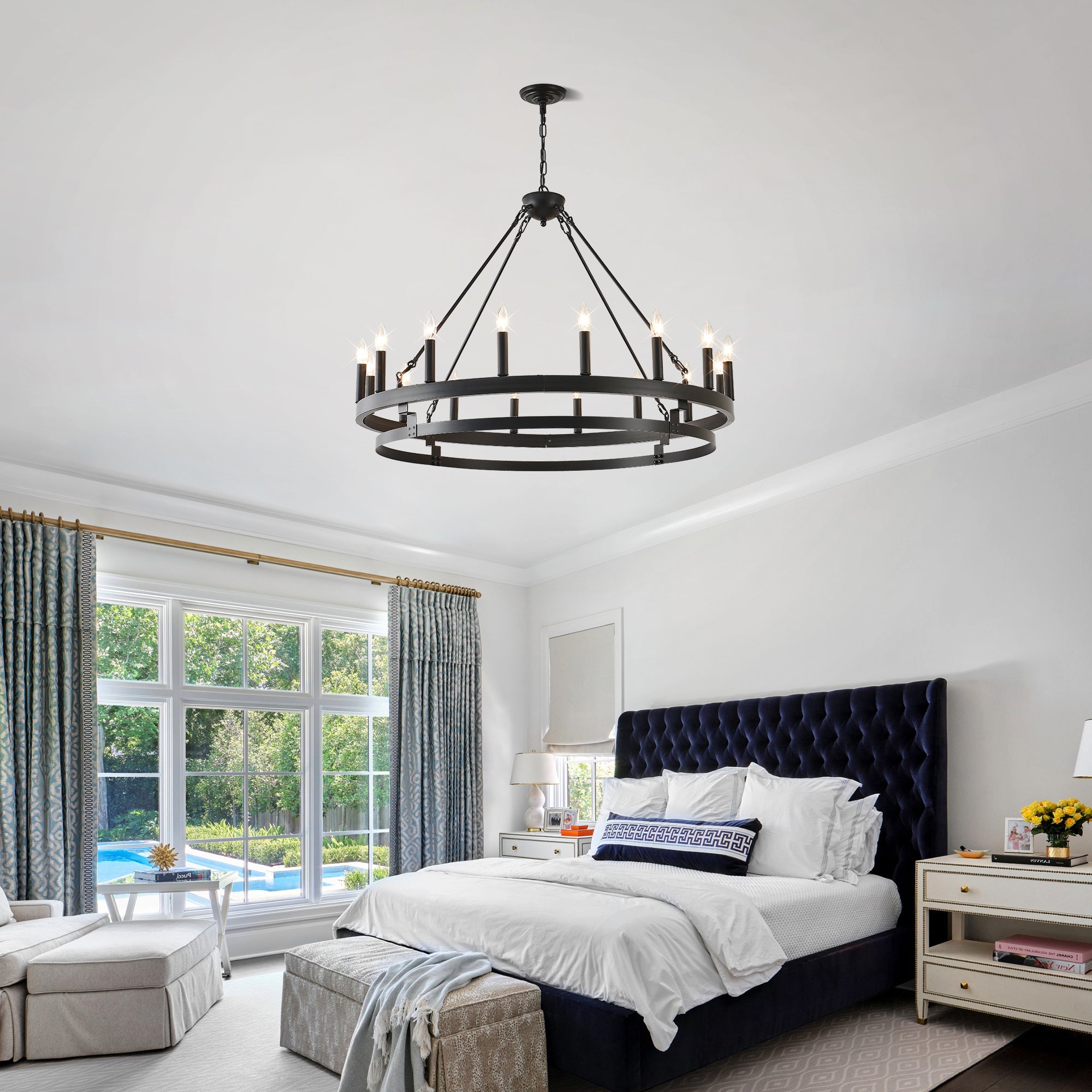 39 Inch 16-Lights Matte Black Wagon Wheel Chandelier with light E12