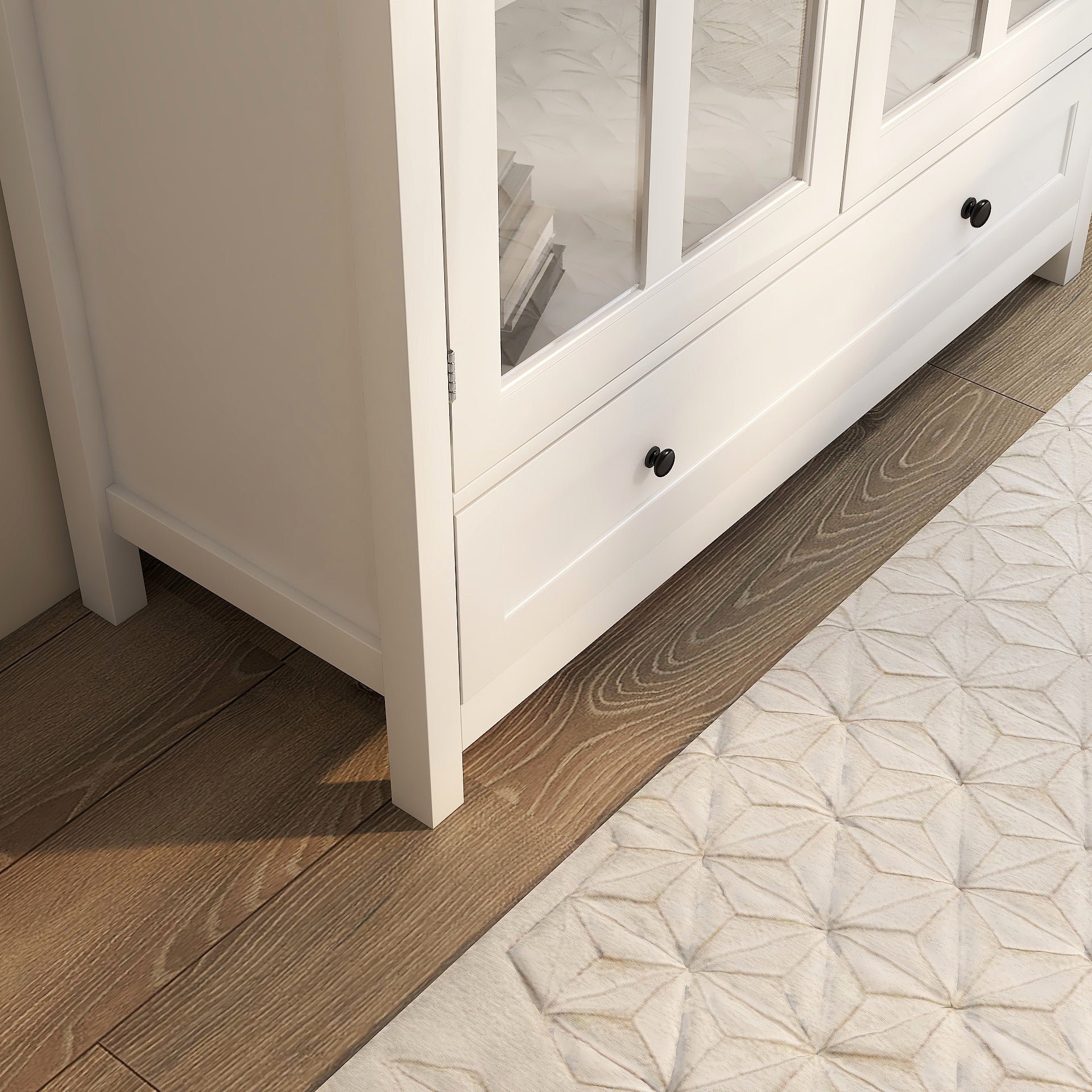Buffet Storage Cabinet with Double Glass Doors and Unique Bell Handle