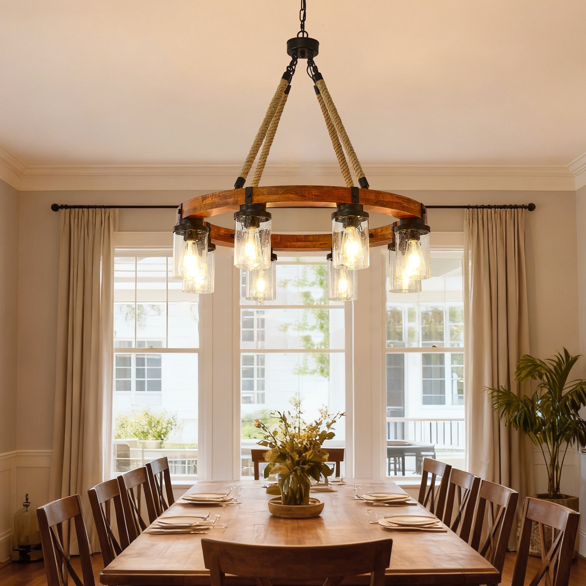 8 Light Rustic Wagon Wheel Chandelier, 31" Wooden Pendant Light with Seeded Glass Shade