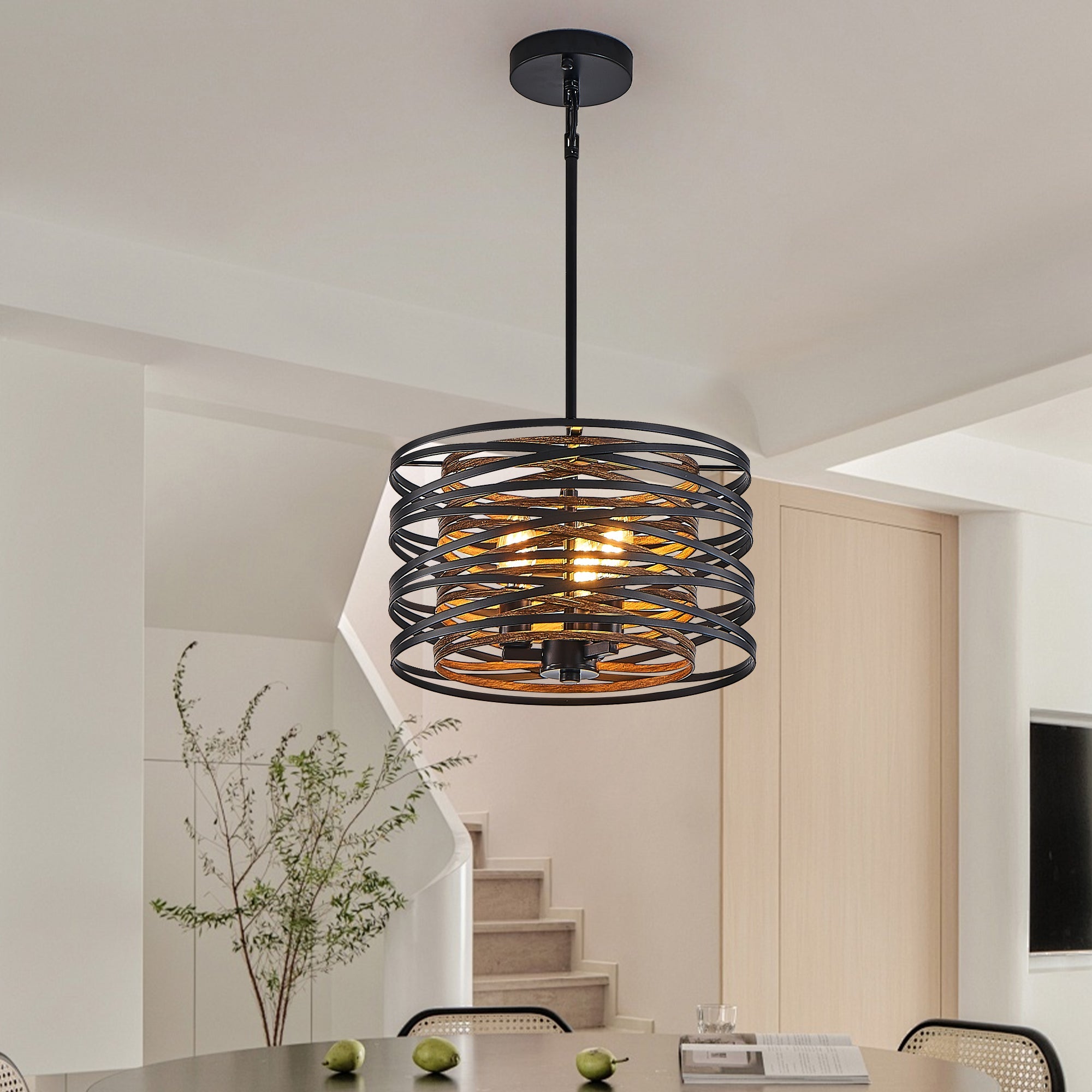 13" Rustic Industrial Pendant Light, 3-Light Black and Walnut Metal Cage Chandelier with Wood Accents