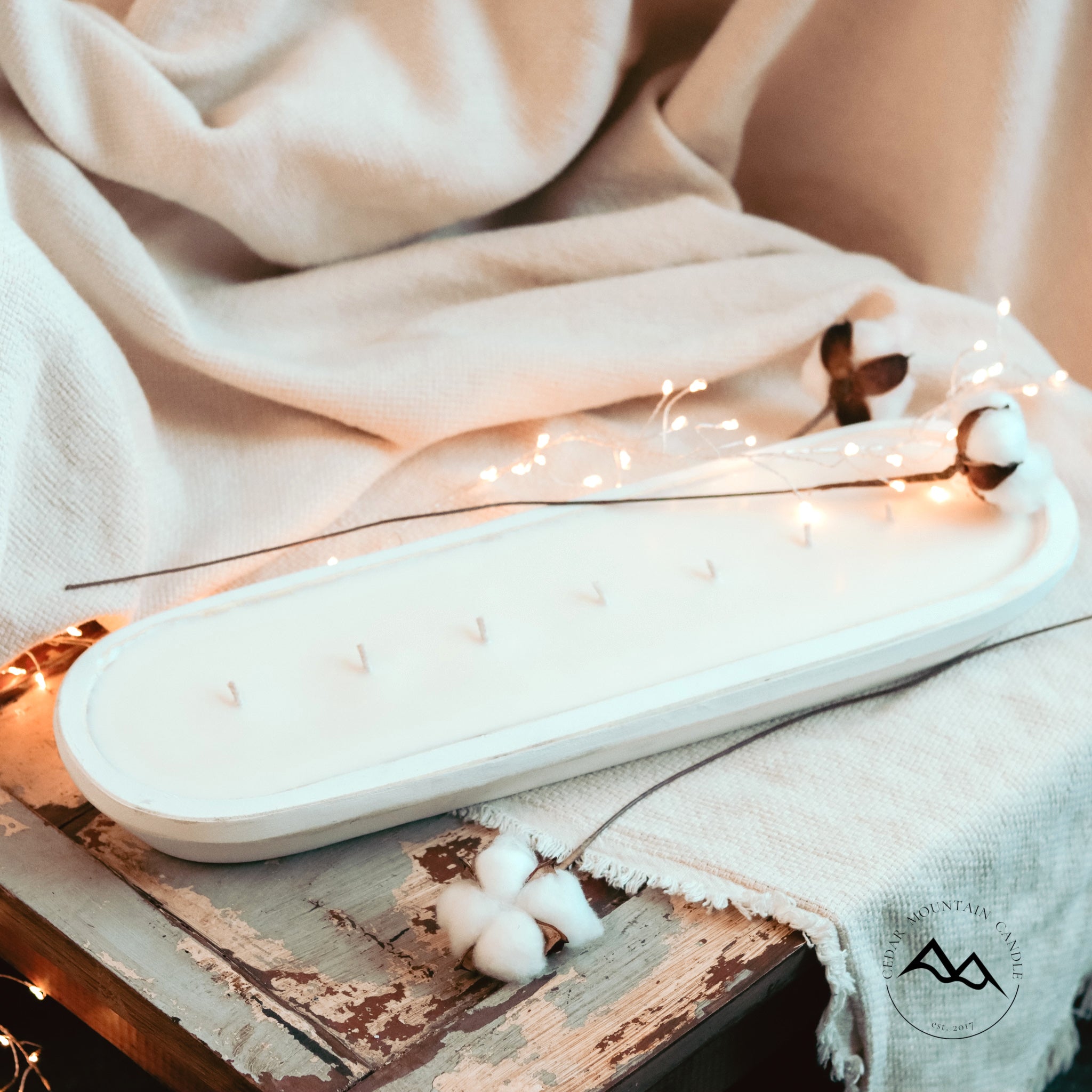 Drops of Rain - 7 Wick White Wood Dough Bowl Candle