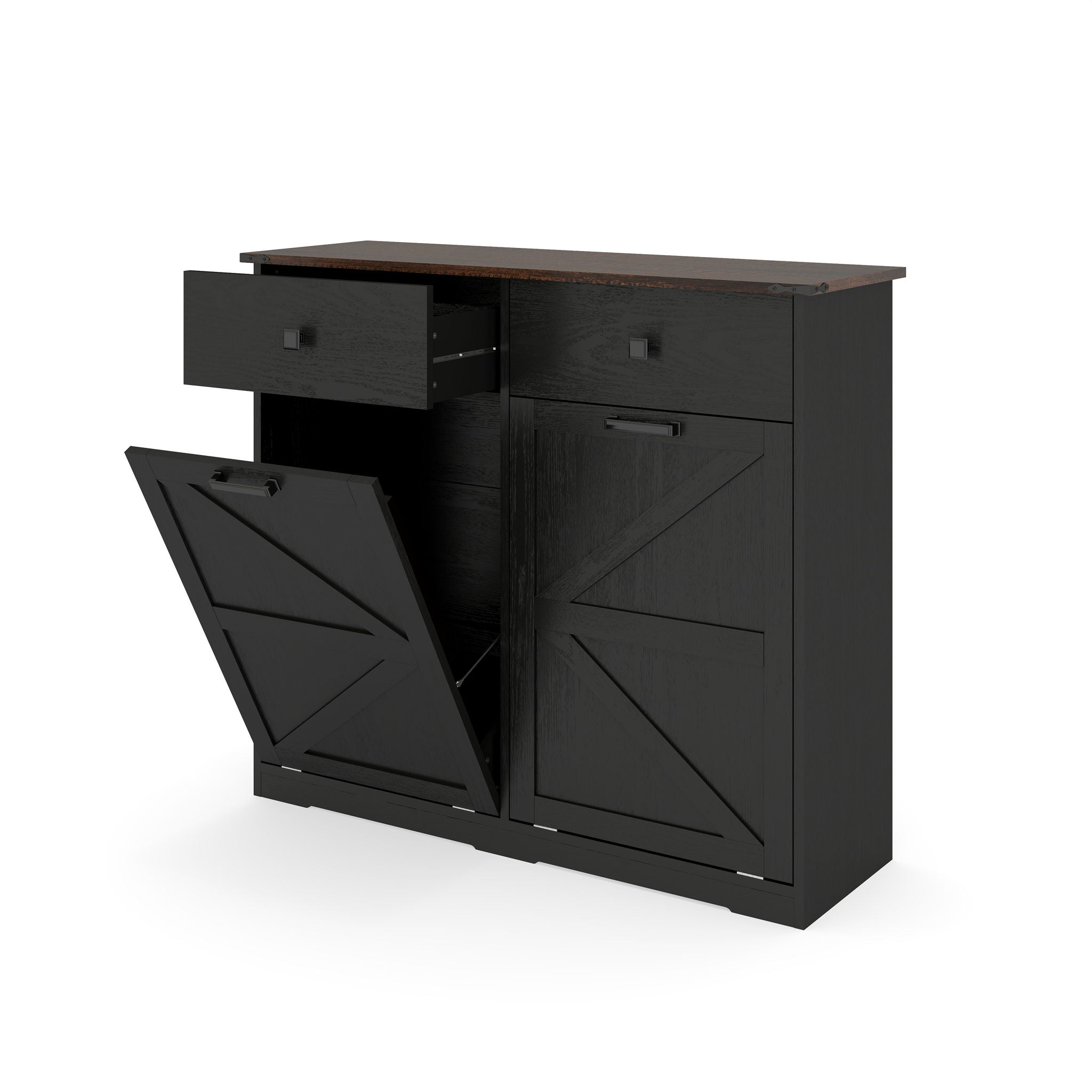 Double Tilt Out Trash Cabinet With Hideaway Drawer And Barn Door Style