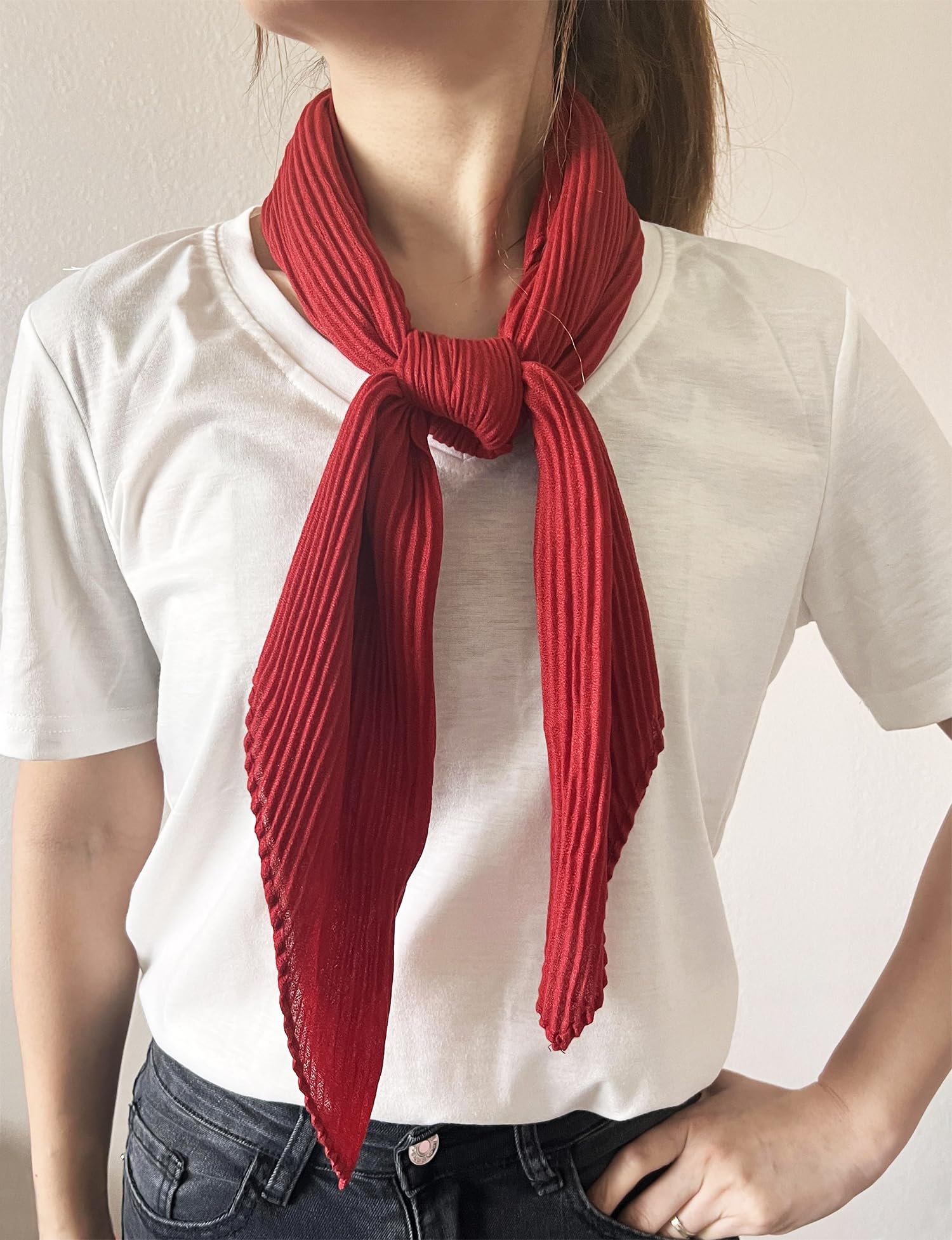 stylesilove Women Crinkle Pleated Square Scarf Solid Color Neckerchief Soft Bandana Small Shawl Neck Wraps for All Season