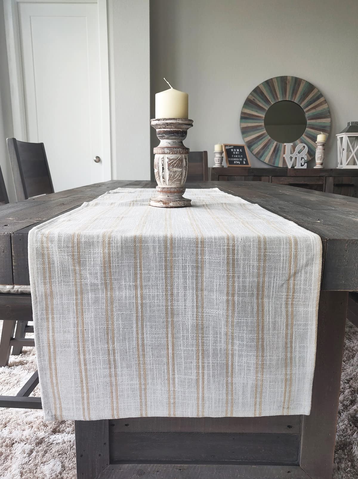 Fennco Styles Modern Striped Linen Blend Table Runner 16" W x 54" L - Beige Woven Table Cover for Home Décor, Dining Table, Banquets, Family Gathering and Special Events
