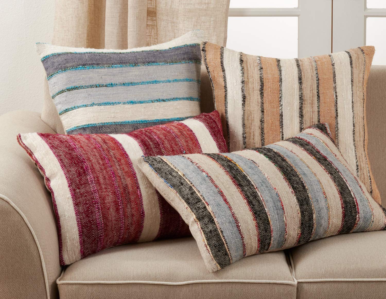 Woven Chindi Striped Fringe 100% Cotton Decorative Throw Pillow Cover 16 x 24 Inch - Blue Throw Pillow Case for Home, Couch, Living Room and Bedroom Décor