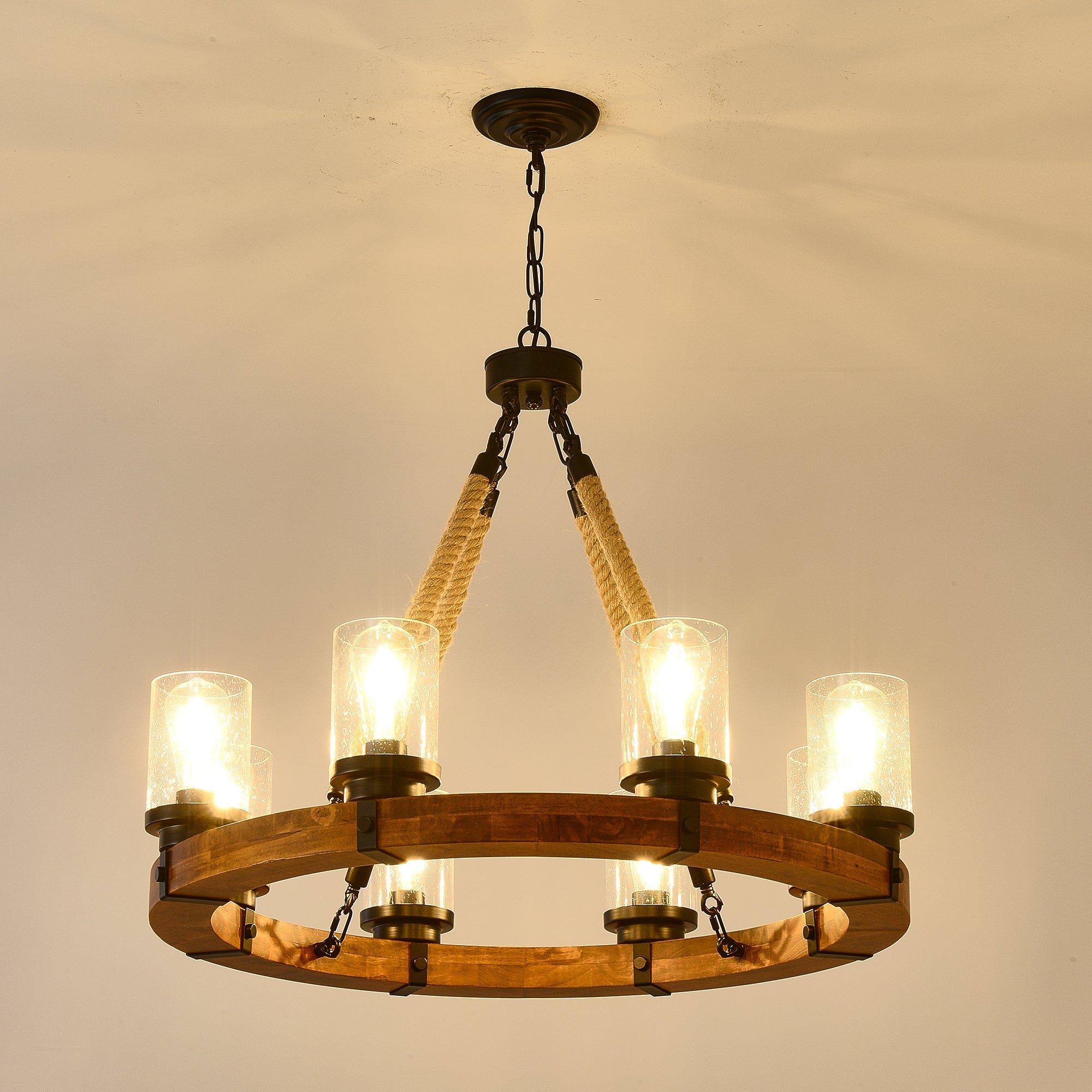 8 Light Rustic Wagon Wheel Chandelier, 31" Wooden Pendant Light with Seeded Glass Shade