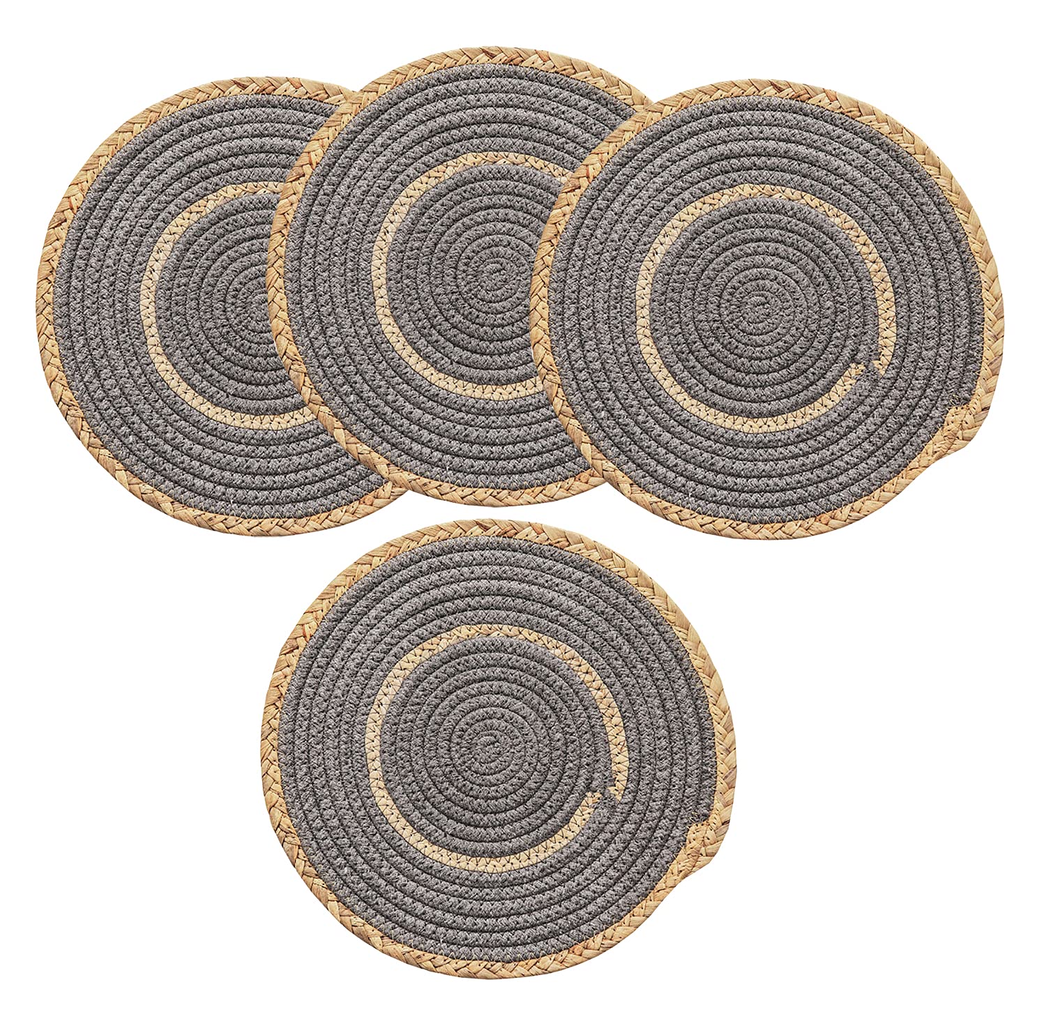Fennco Styles Hand-Woven Rattan Cotton Rope Braided Placemats 12-Inch Round, Set of 4 - Heat Resistant Insulation Table Mats for Home, Boho Décor, Dining Table, Banquets and Special Events