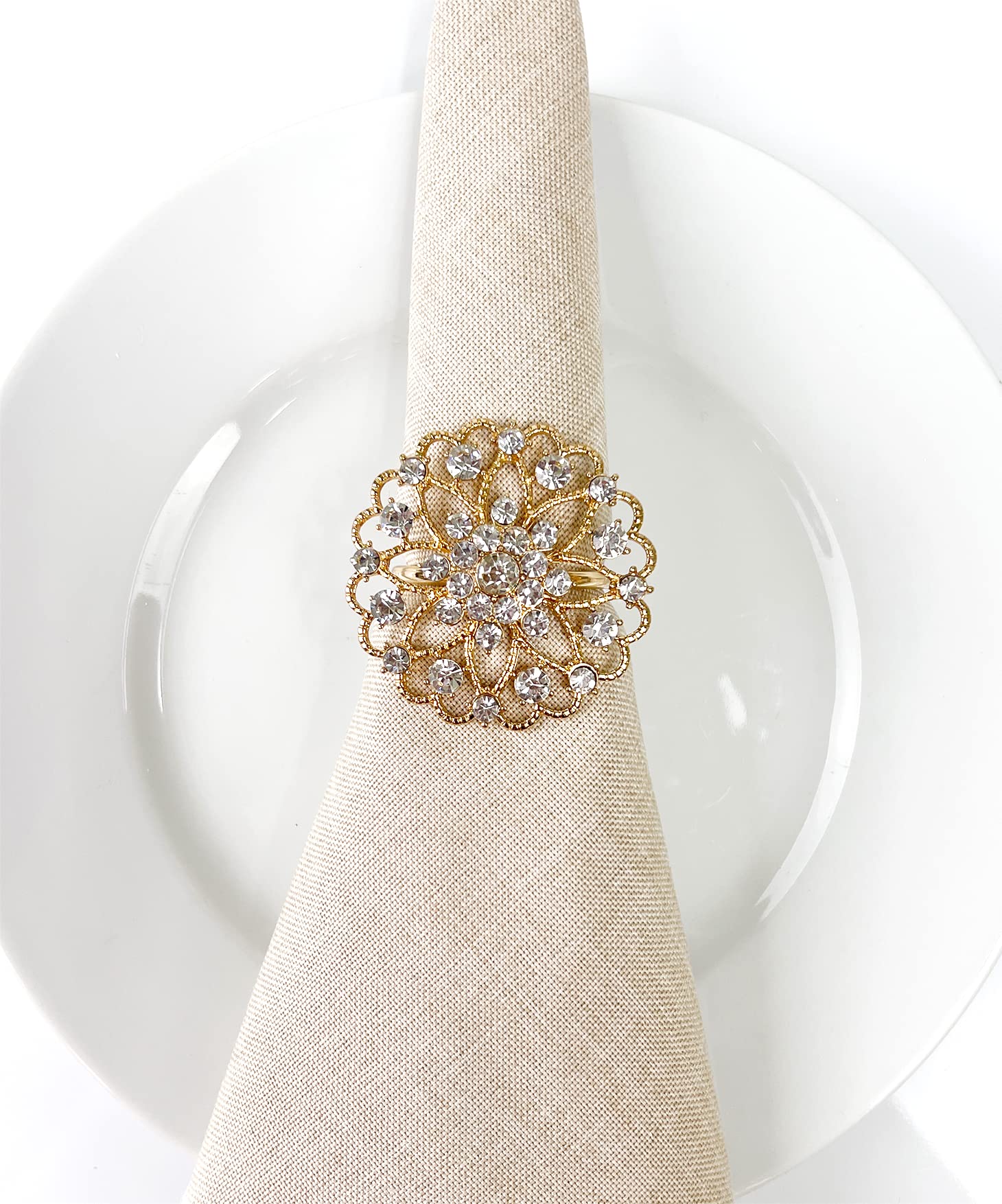 Fennco Styles Rhinestone Crystal Flower Napkin Rings Wedding Holiday Table Decoration - Set of 4
