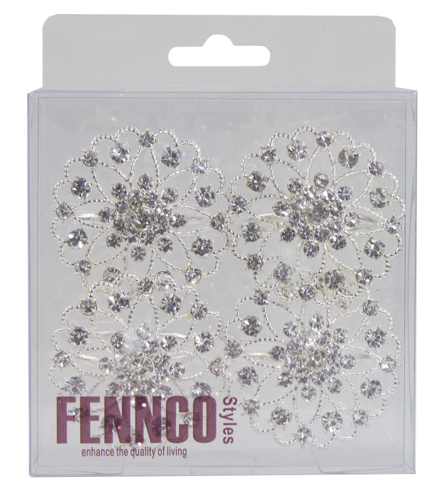 Fennco Styles Rhinestone Crystal Flower Napkin Rings Wedding Holiday Table Decoration - Set of 4