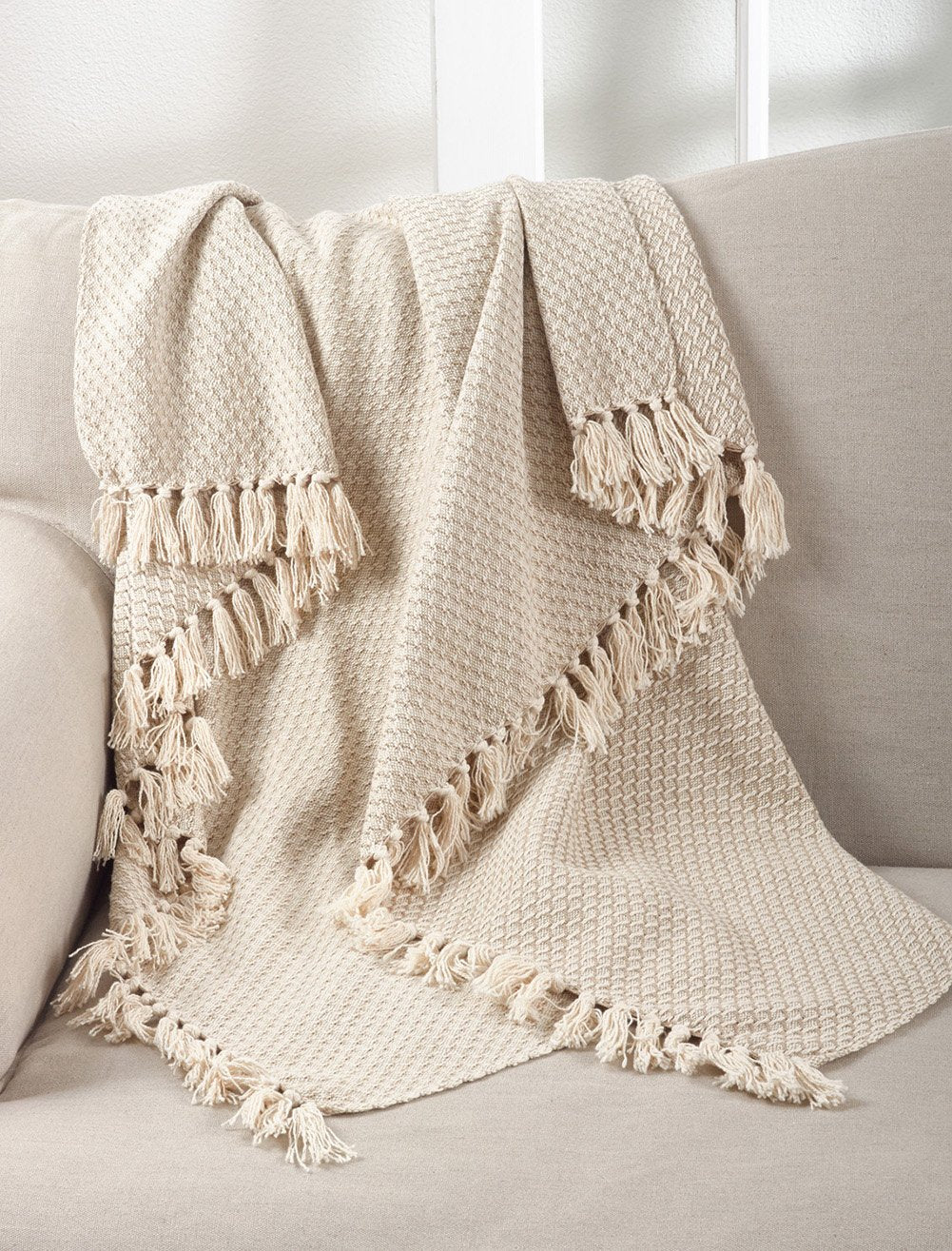 Classic Tassel Trim 100% Cotton Throw Blanket, 50"x60", Natural
