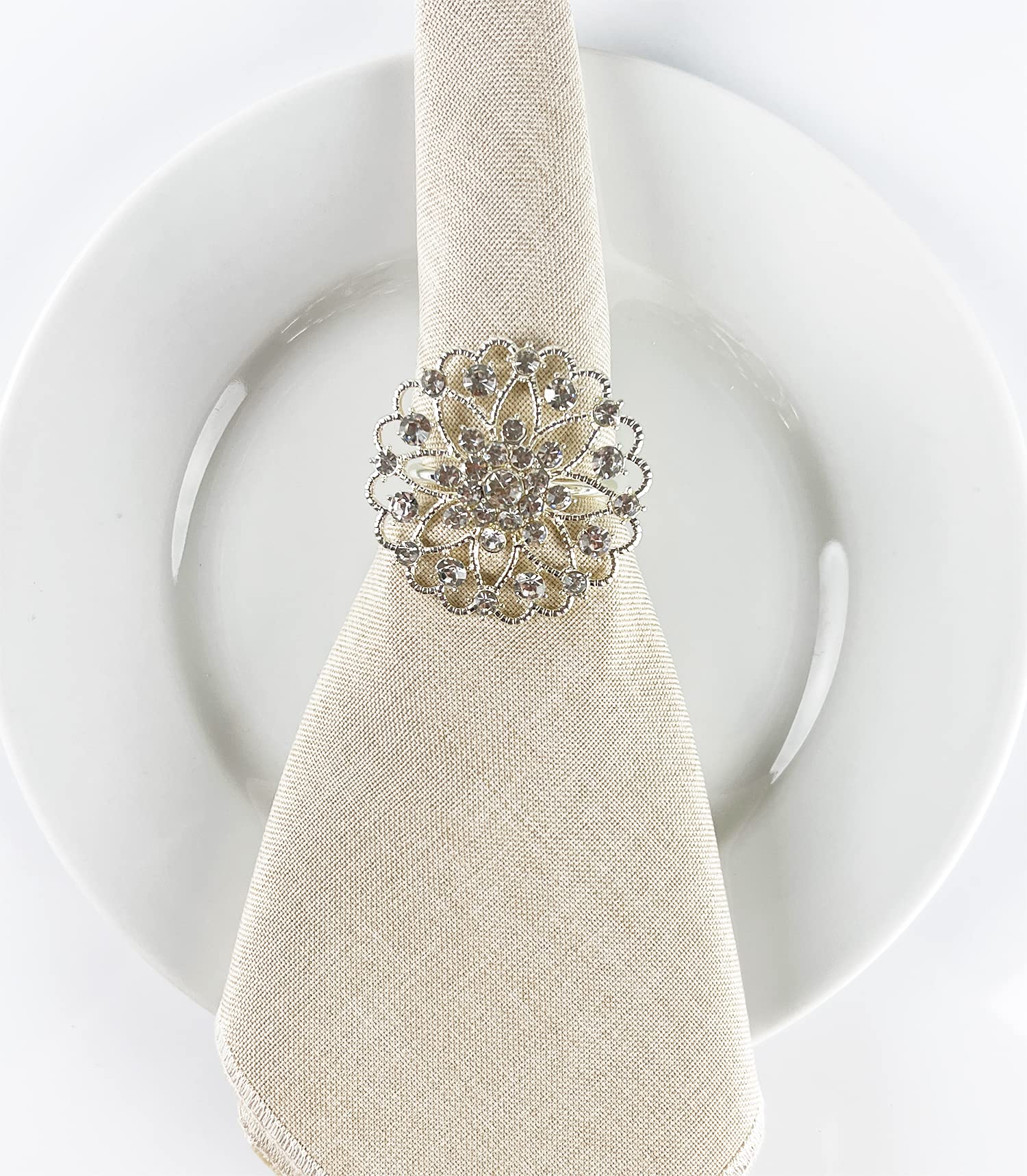 Fennco Styles Rhinestone Crystal Flower Napkin Rings Wedding Holiday Table Decoration - Set of 4