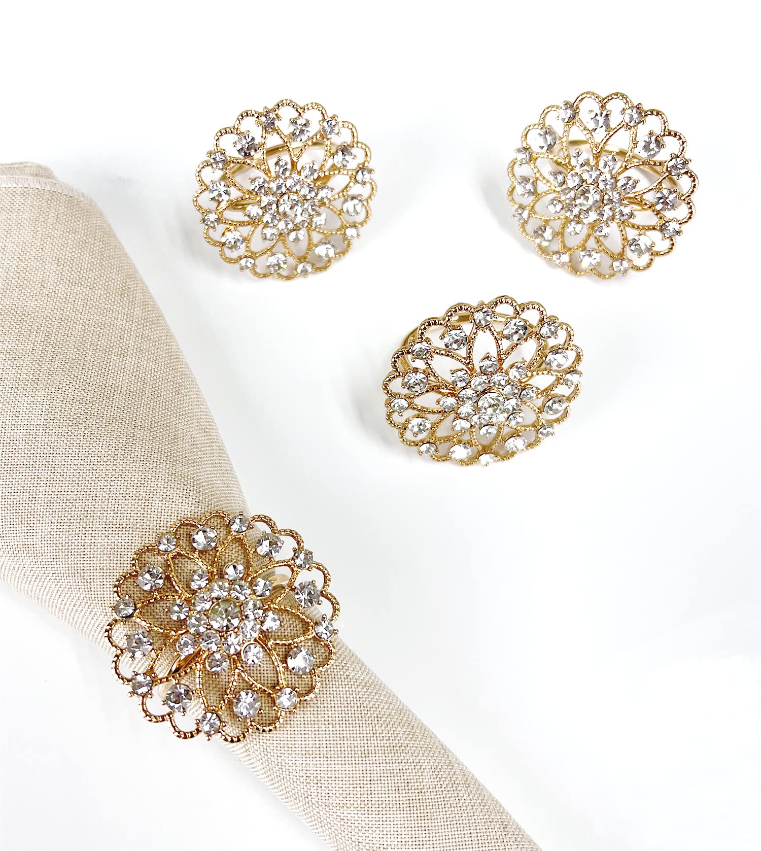 Fennco Styles Rhinestone Crystal Flower Napkin Rings Wedding Holiday Table Decoration - Set of 4