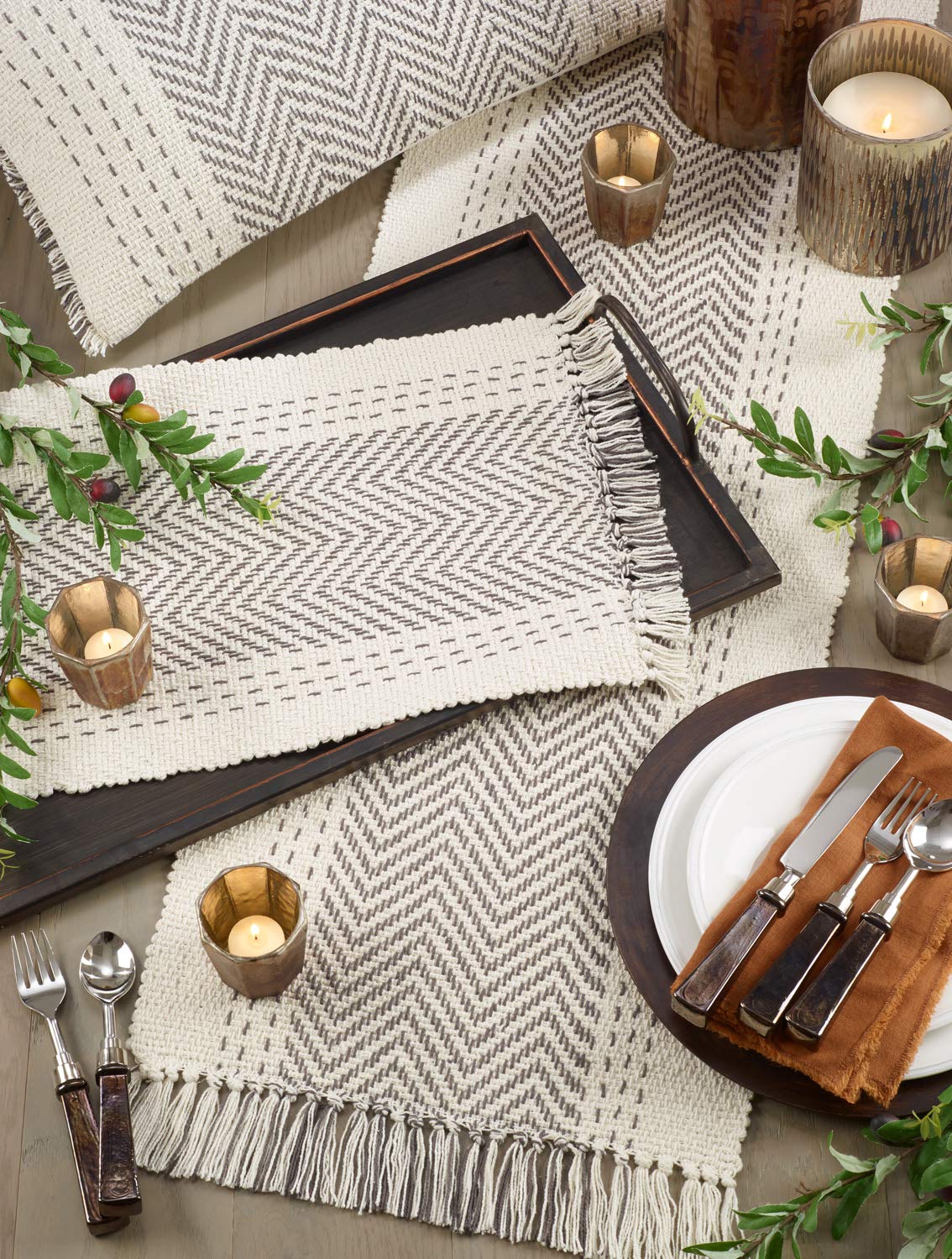 Modern Kantha Stitch Design 100% Cotton Table Runner - Grey Table Cover for Everyday Use, Dining Room Décor, Family Gathering and Special Occasion