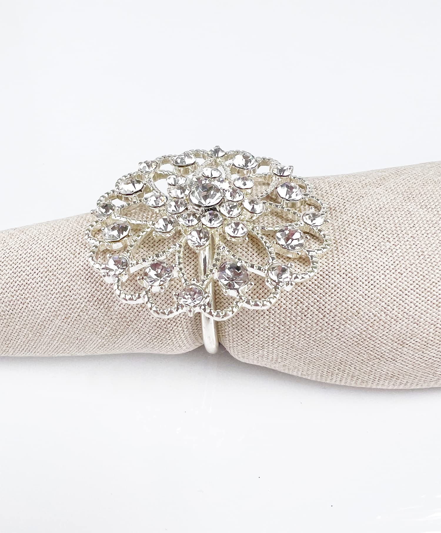 Fennco Styles Rhinestone Crystal Flower Napkin Rings Wedding Holiday Table Decoration - Set of 4
