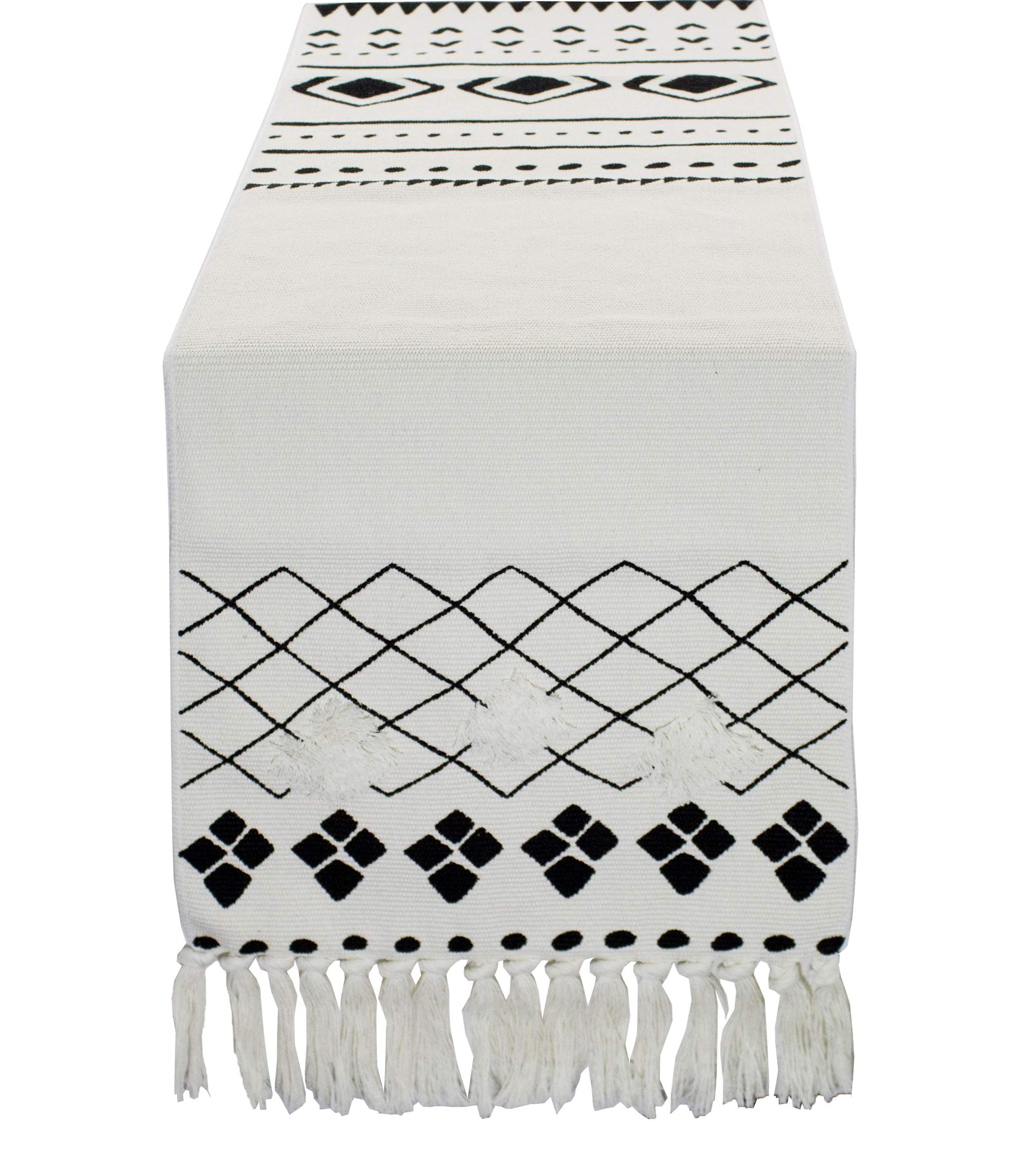 Fennco Styles Boho Farmhouse Woven Fringe Tasseled 14 x 71 Inch Tribal Table Runner – White and Black Table Runner for Everyday Use, Dinner Parties, Special Events and Home Décor