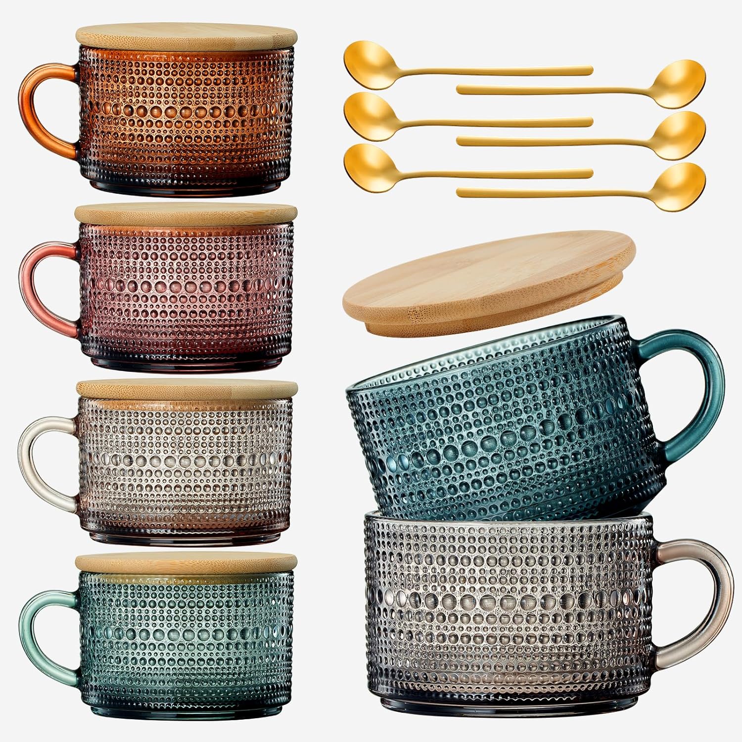 Vintage Colored Glass Coffee Mugs Set With Handles Spoons Lid Set Of 6 15OZ