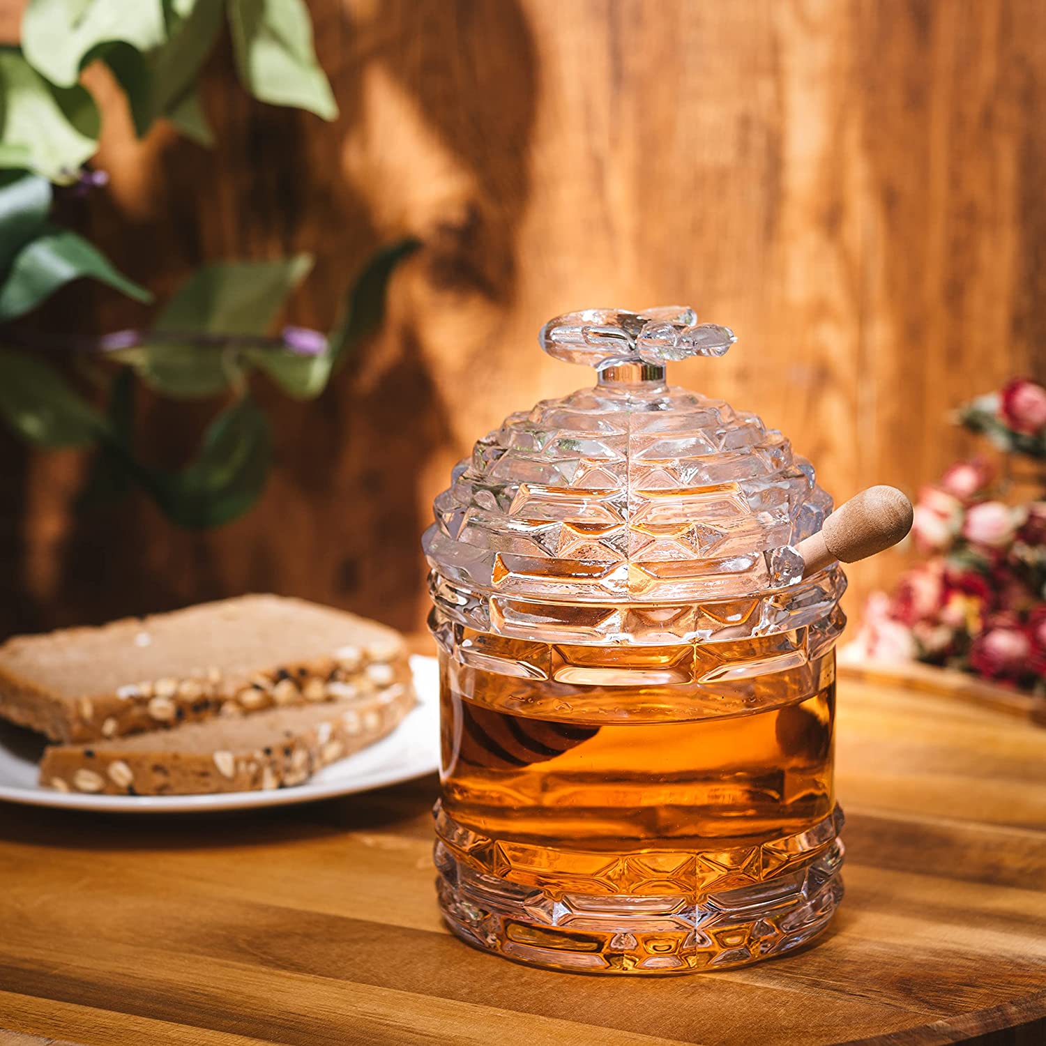 Bee Honey Jar By 5 H Glass Honey Pot With Dipper And Lid Cover For Home Kitchen Hone