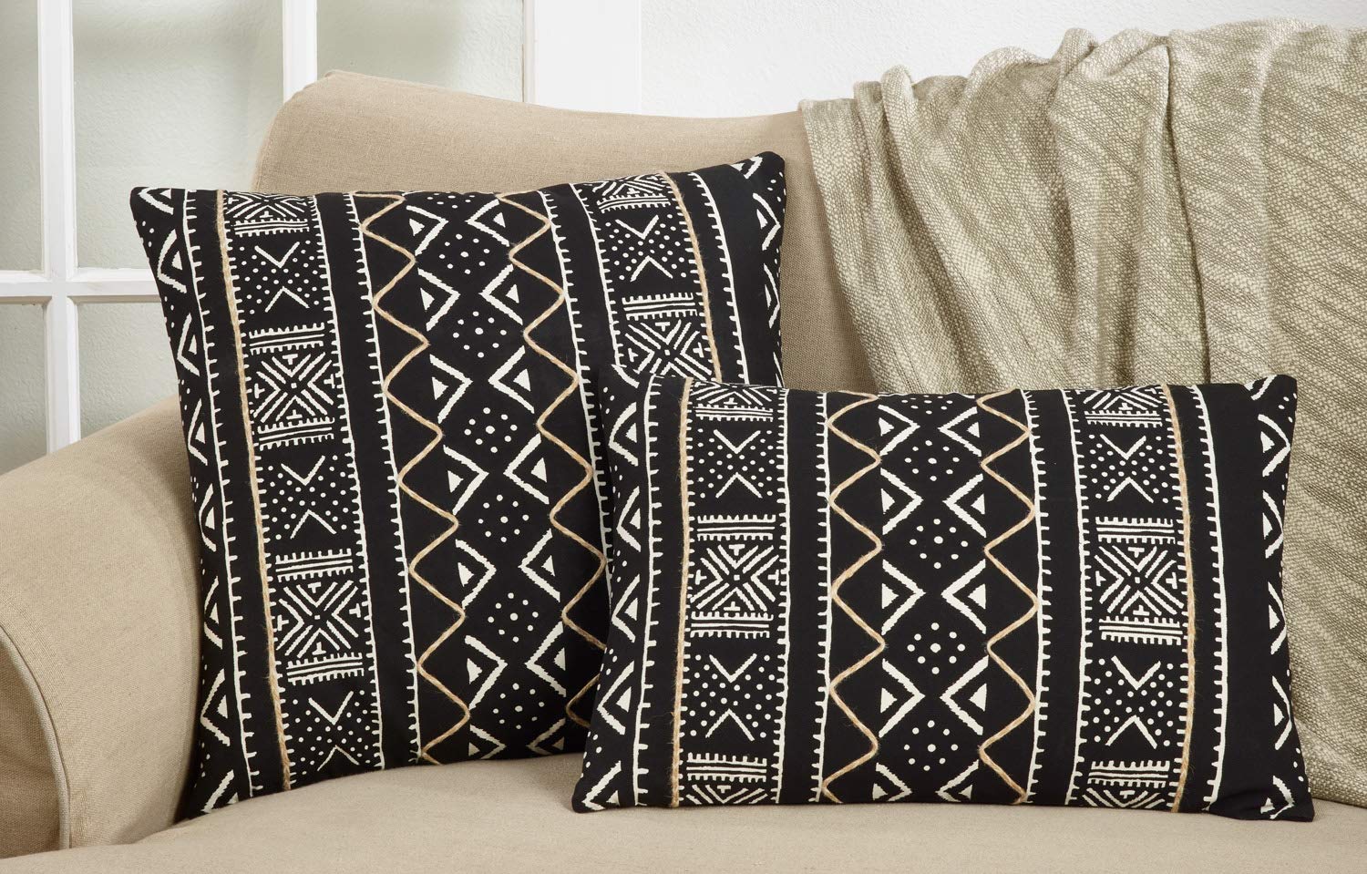 Fennco Styles Tribal Mud Cloth 100% Cotton Decorative Throw Pillow Cover & Insert 20 x 20 Inch - Black Geometric Pillow for Couch, Living Room and Bedroom Décor