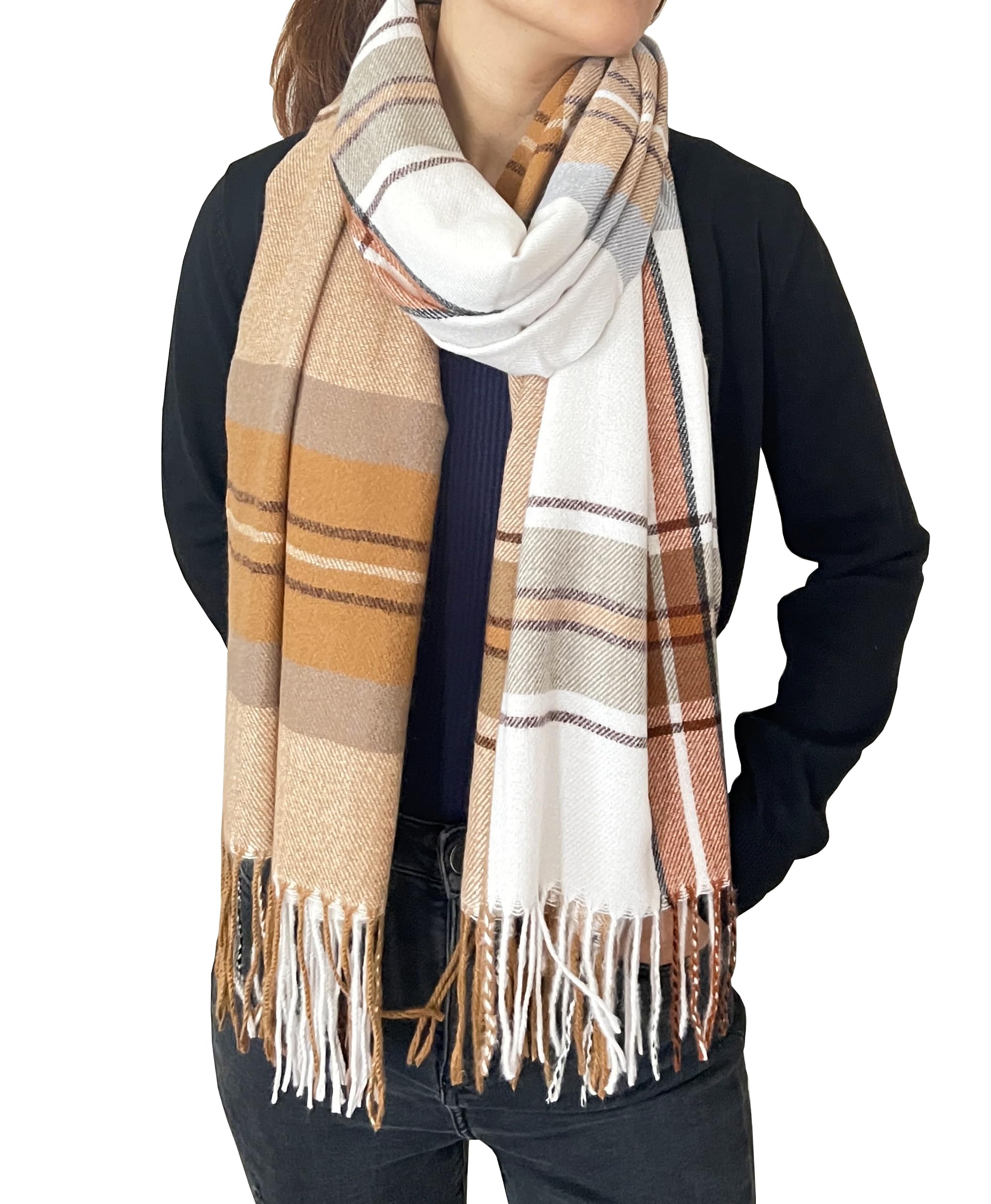 stylesilove Women Plaid Fringe Cashmere Scarf Warm Ultra Soft Scarves Shawl Neck Wraps for All Season, 5 Colors