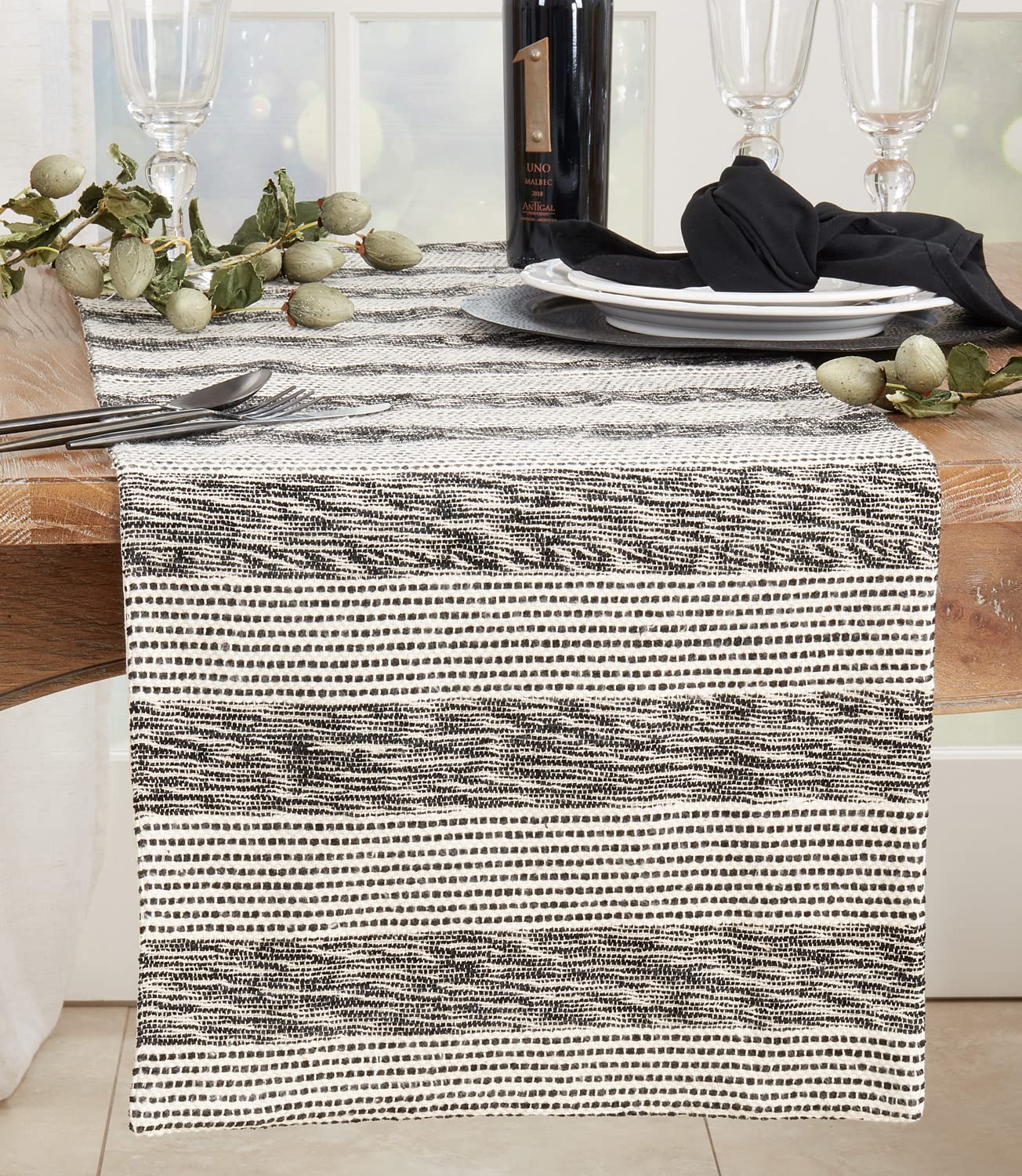 Fennco Styles Striped Design Cotton Table Runner 16" W x 72" L - Black & White Table Cover for Home Décor, Dining Table, Banquets, Family Gathering and Special Events